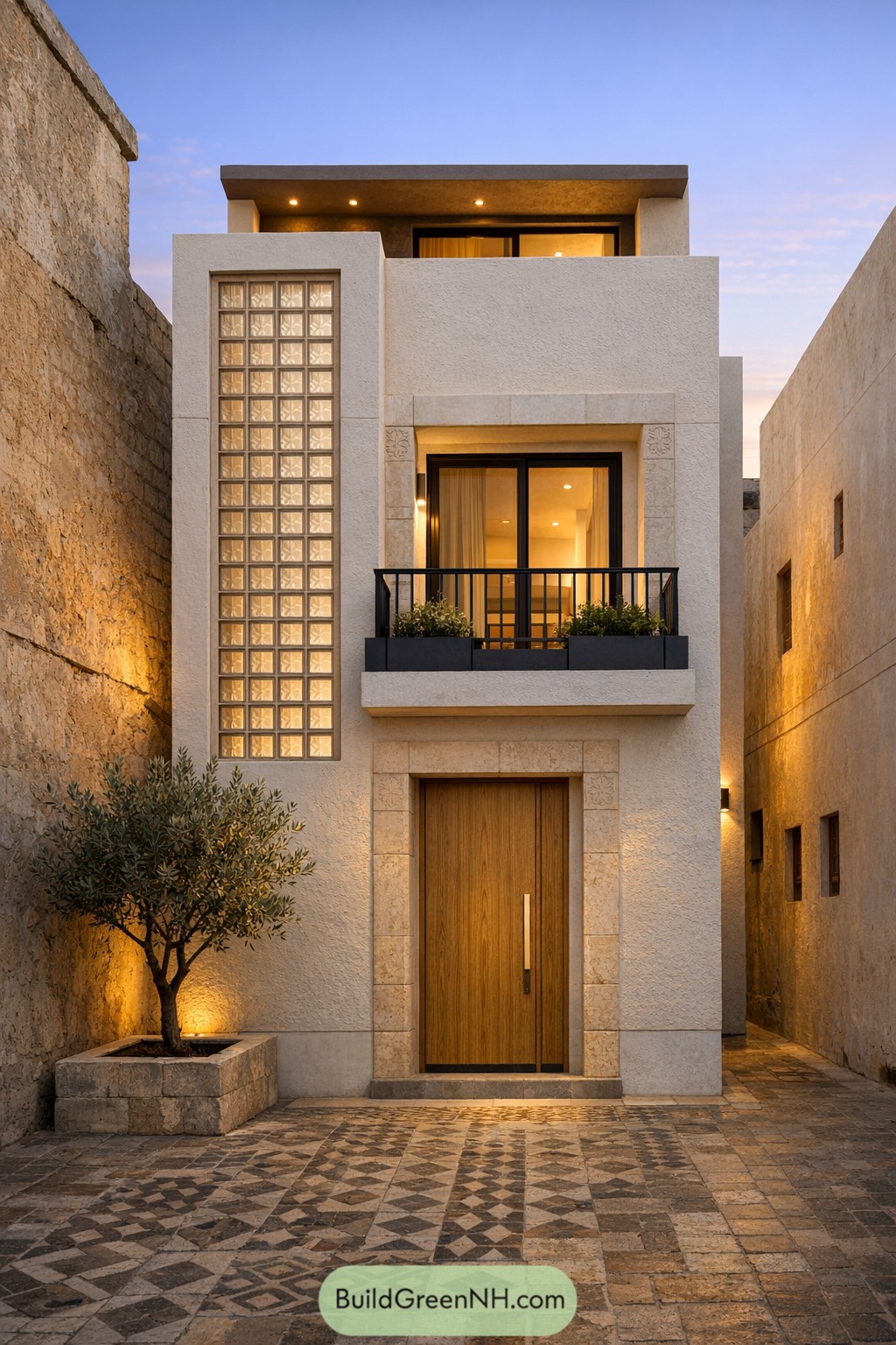 Compact modern Arabic townhouse with textured stone facade, glass block screen, balcony, and wooden door framed by a small courtyard tree