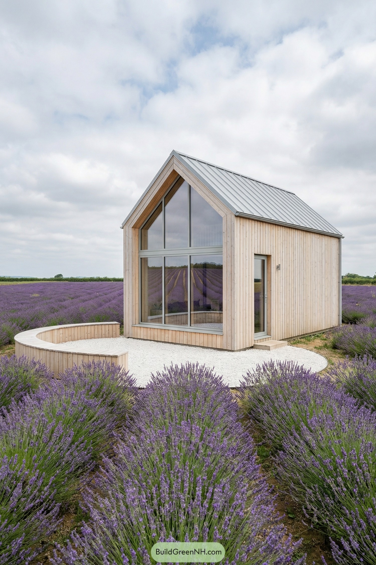 Small timber cabin with large glass front set in a lavender field