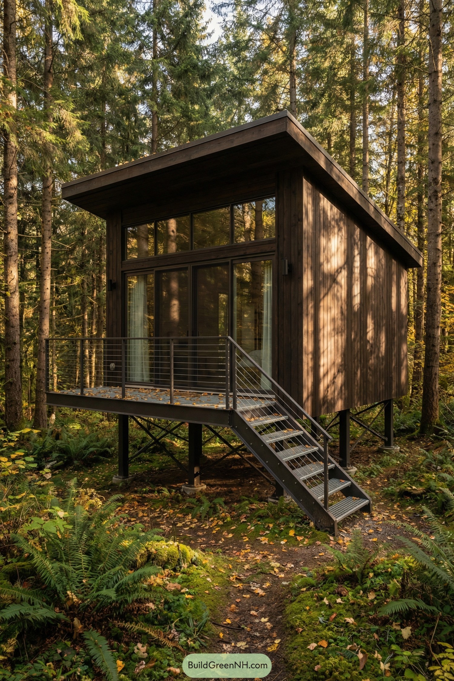 Elevated dark timber cabin with large glass wall in a dense forest