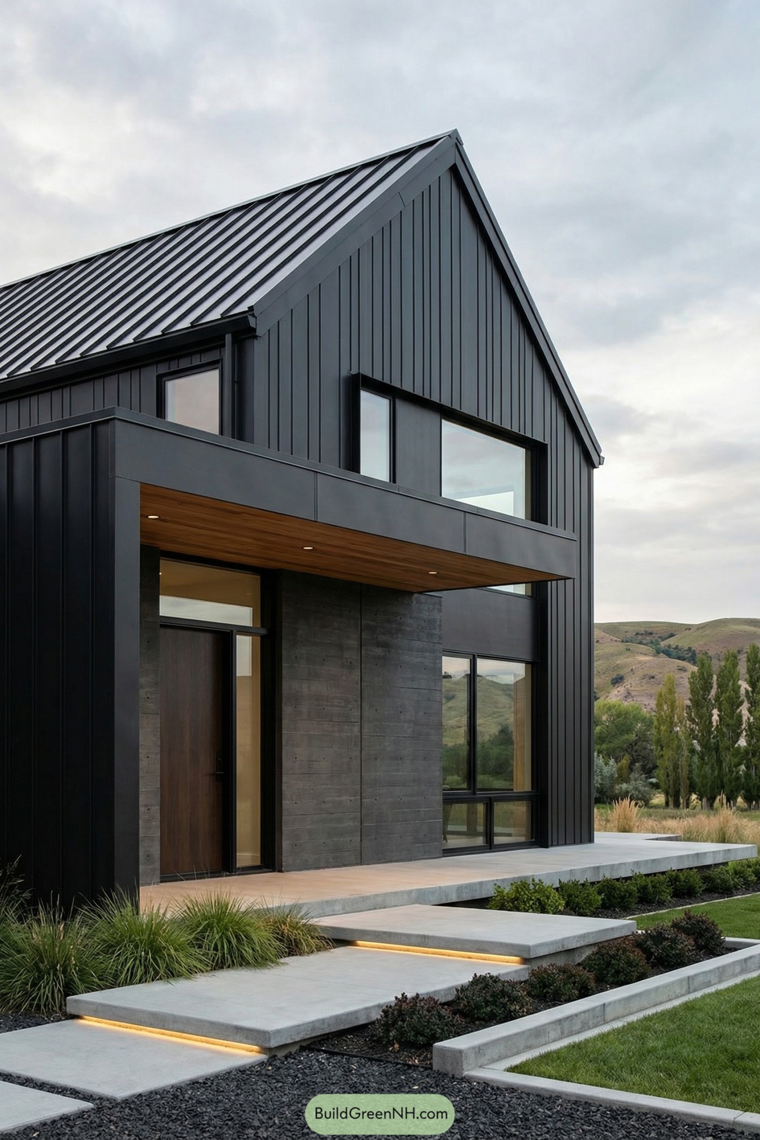 Modern dark metal barndominium with gable roof