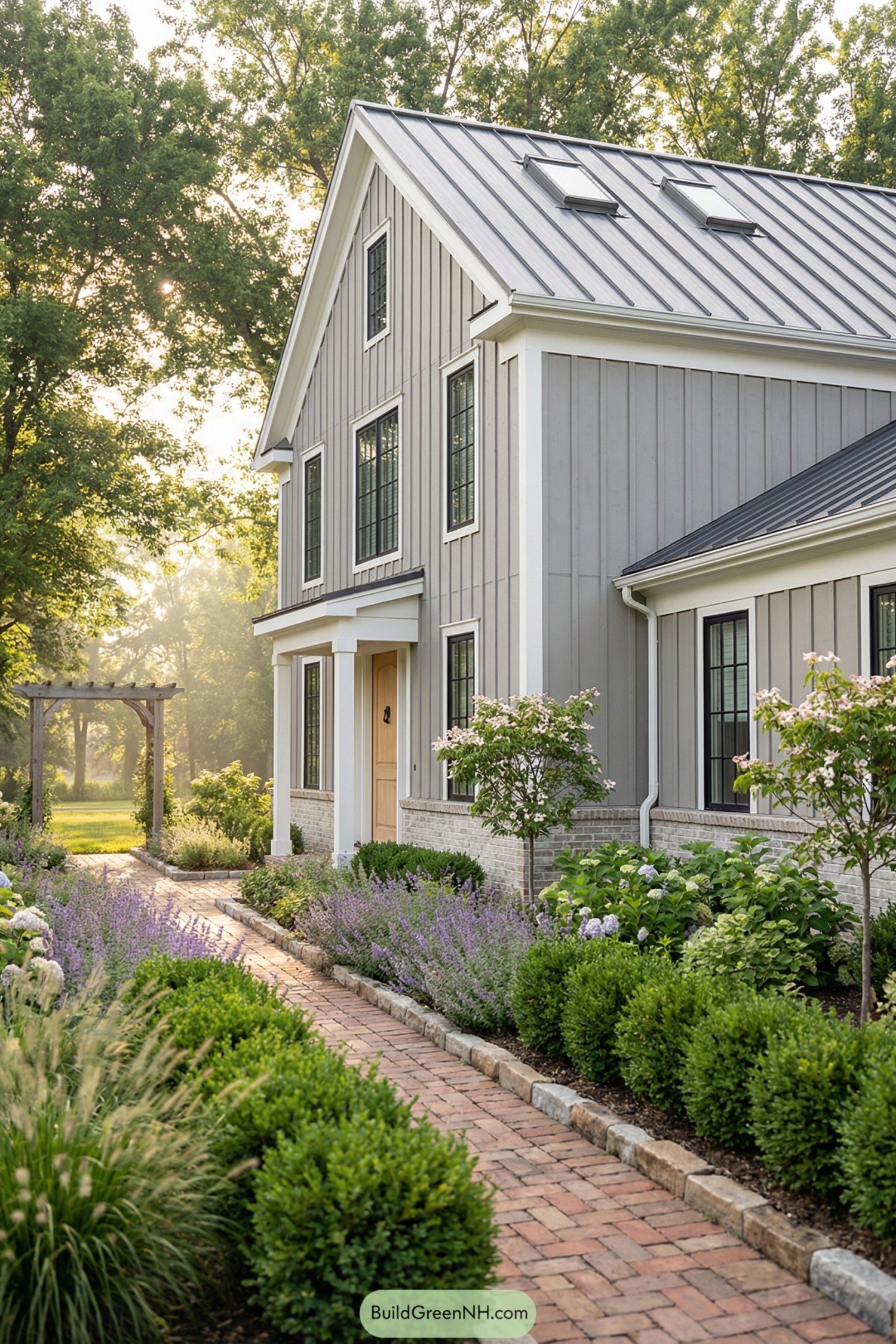Grey board and batten barndominium with metal roof and lush brick-lined garden path