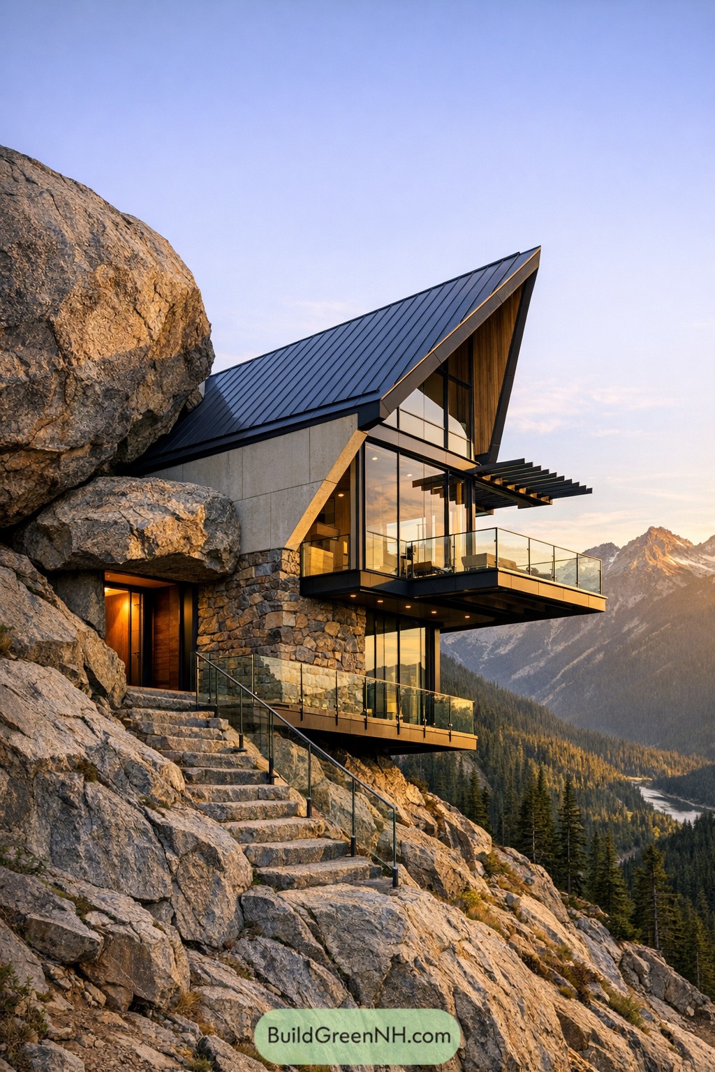 Modern cliffside home with sharp roof, stone base, and glass balconies overlooking mountains