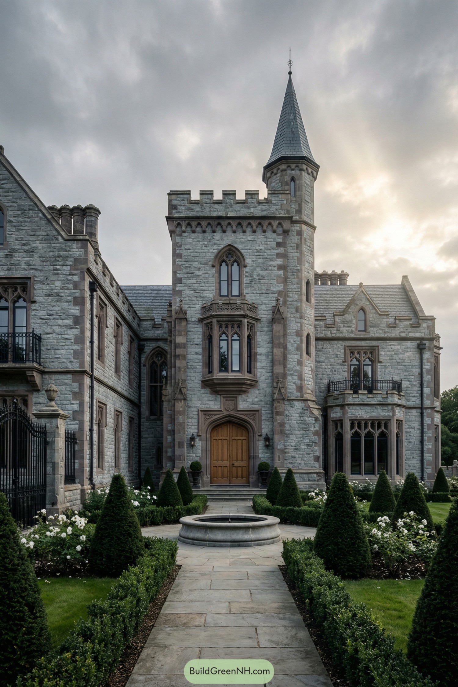 Grand stone manor with central tower and formal hedged garden path leading to a round fountain