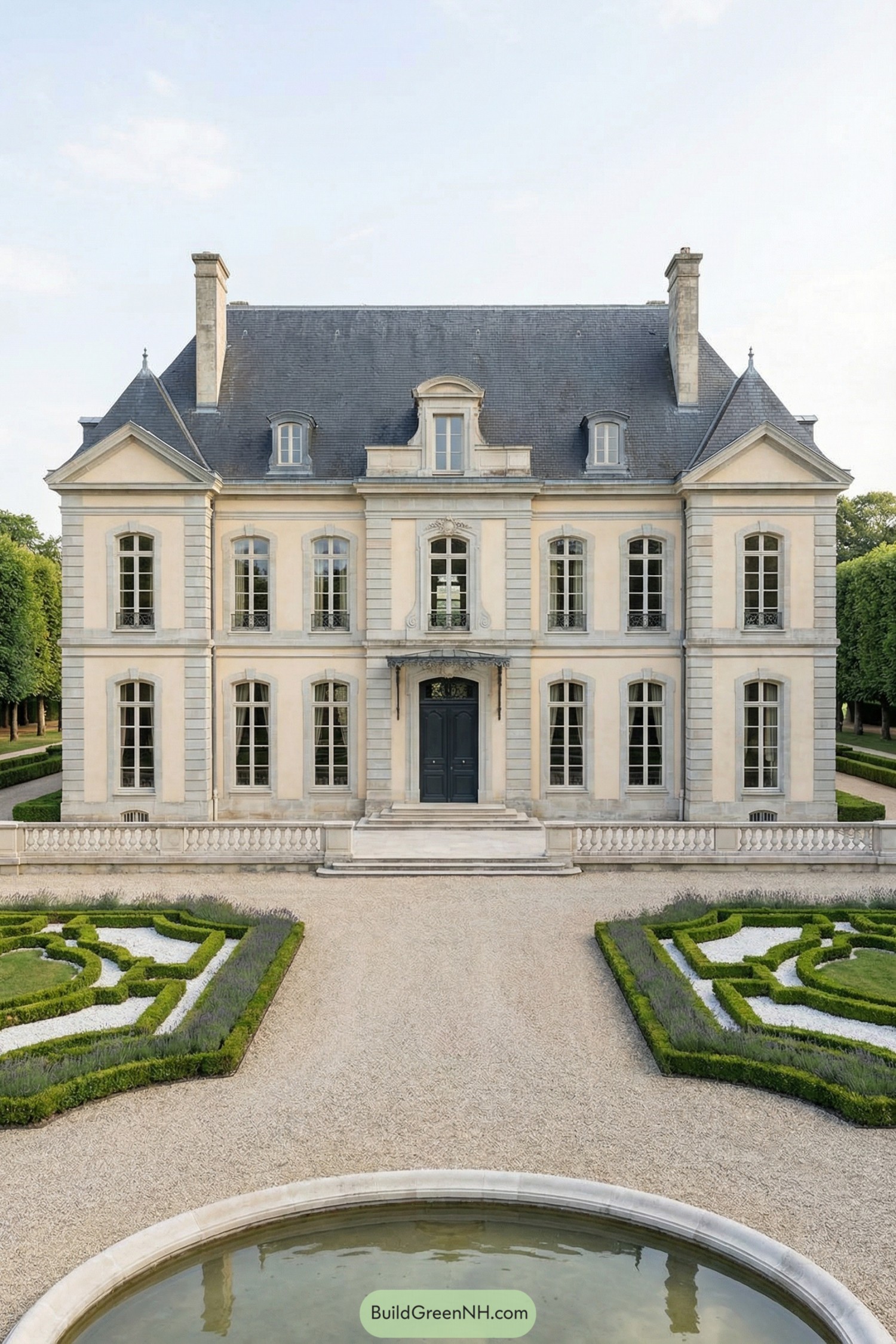 Elegant stone chateau with manicured parterre garden