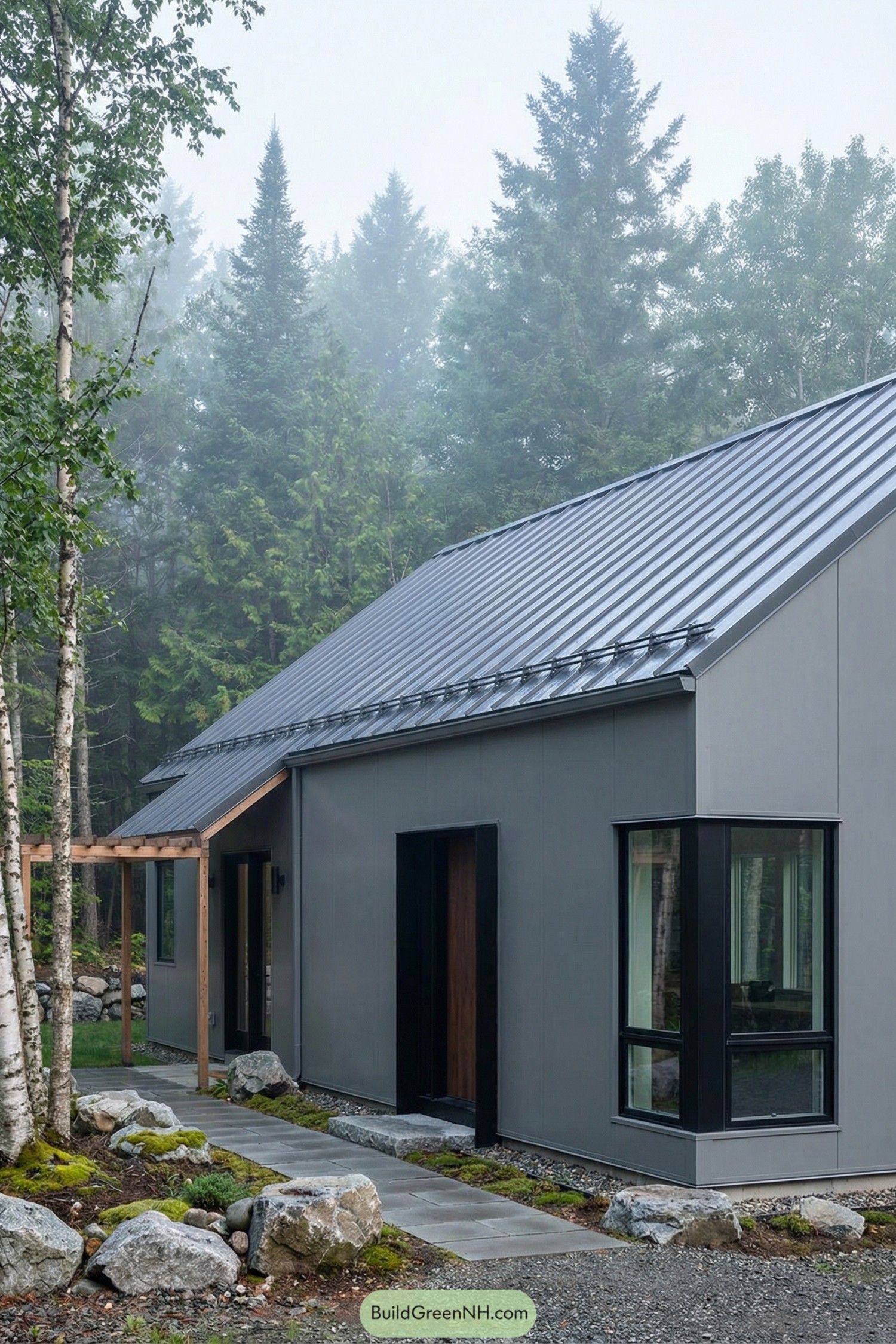Grey barndominium-style home with sleek metal roof in a misty forest setting