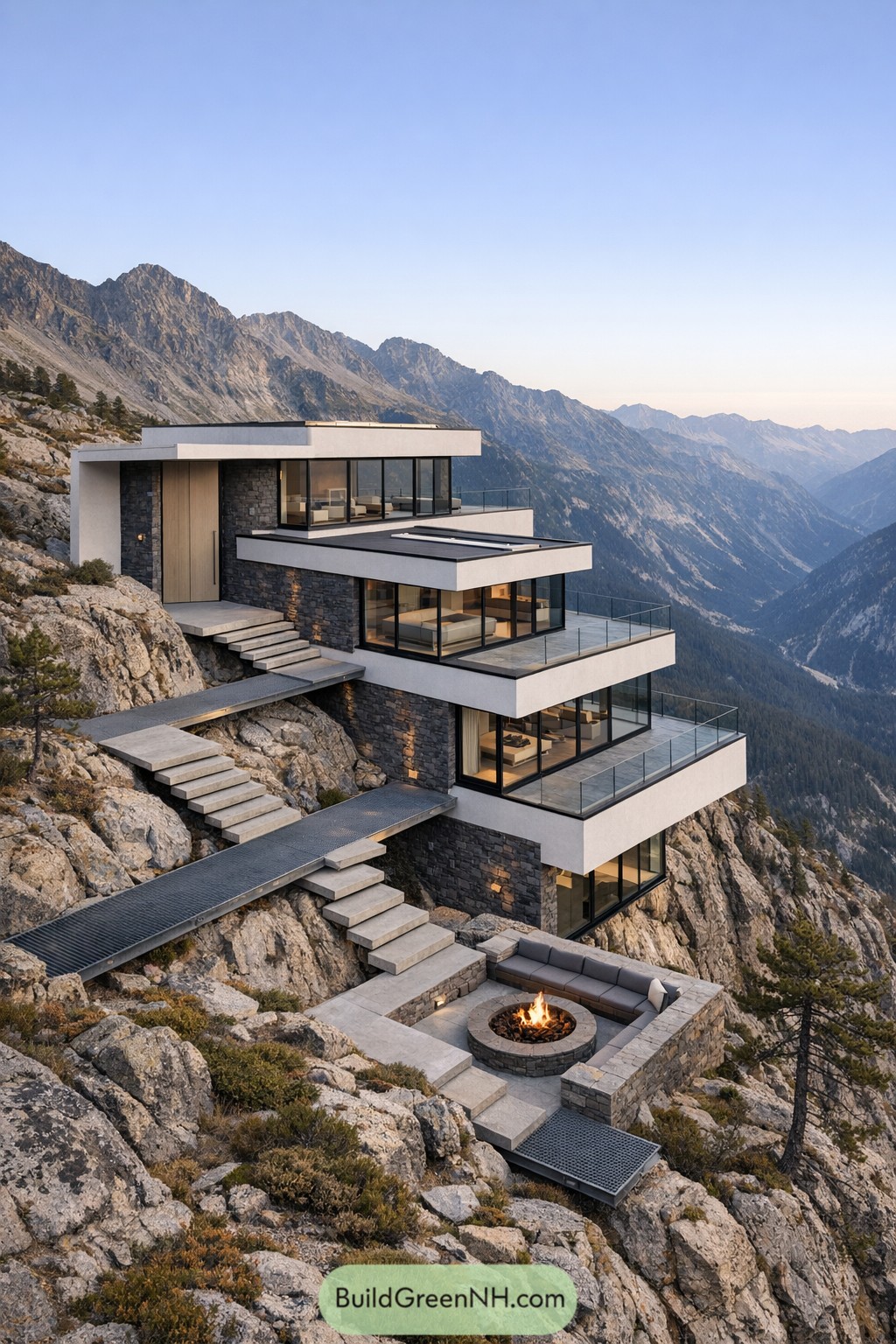 Modern tiered mountain house with outdoor firepit