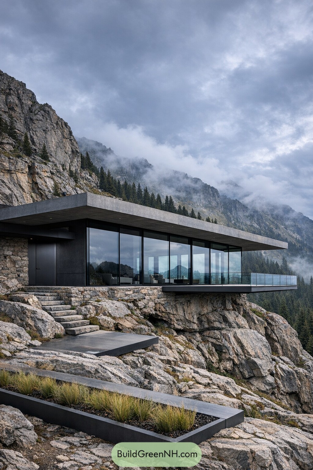 Modern cliffside house with glass walls cantilevered over rugged mountain rock