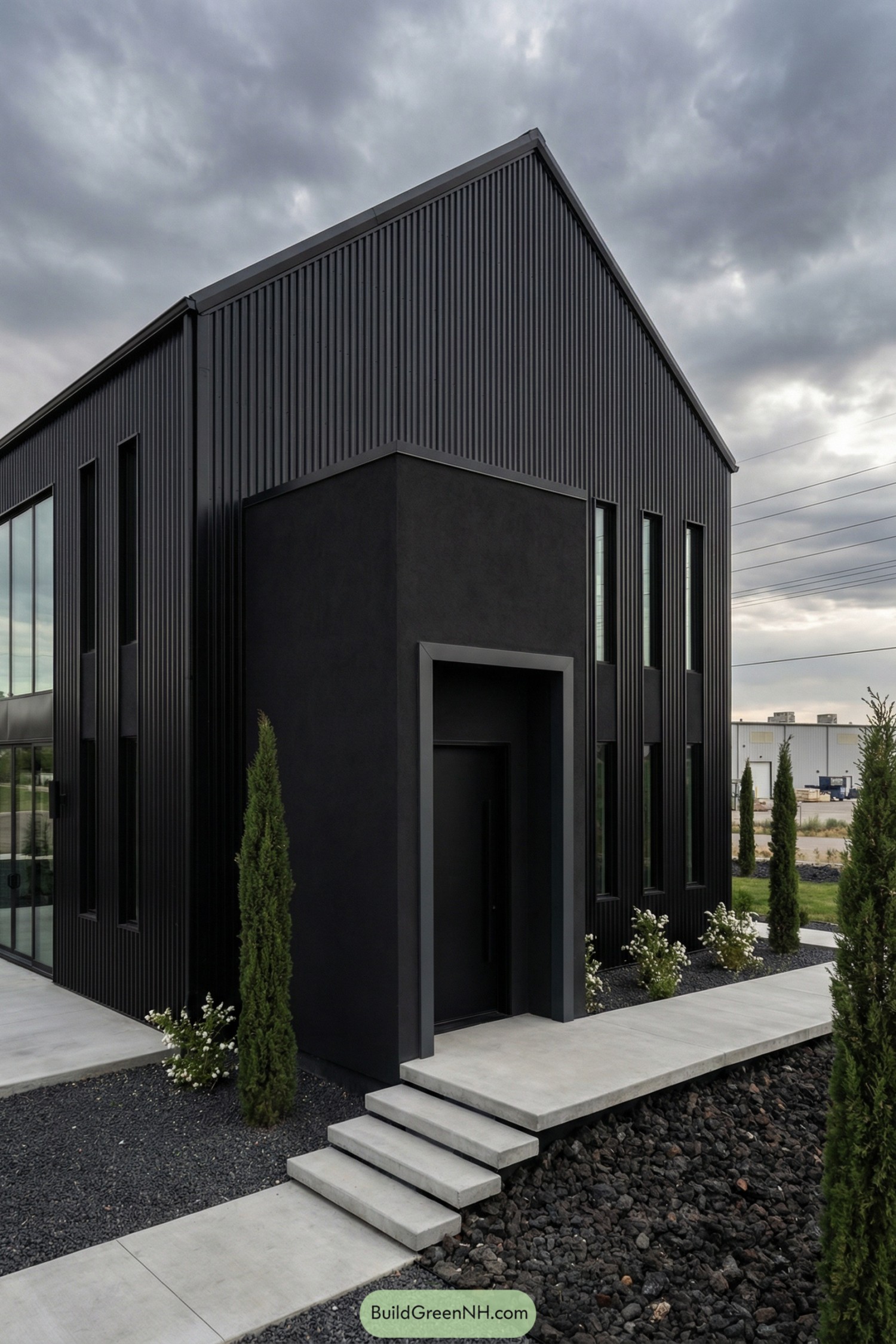 Dark modern barndominium with tall narrow windows and minimalist concrete entry steps