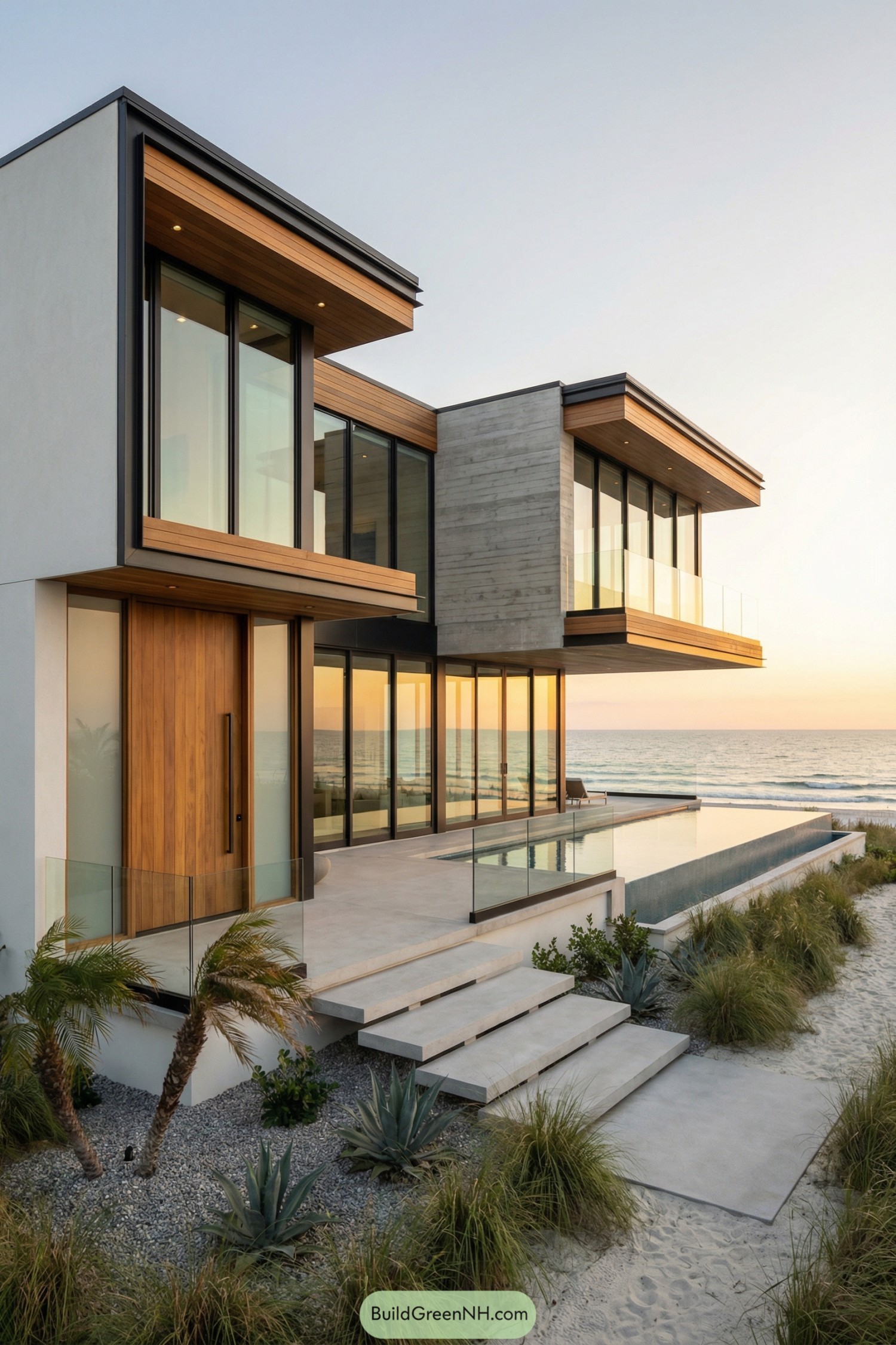 Modern beachfront house with wood accents and large glass walls