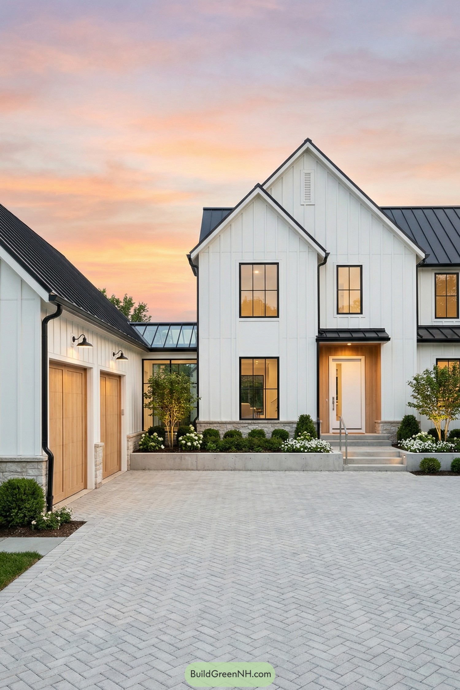 White modern farmhouse with black roof, glass breezeway, and attached wood-door garage at sunset
