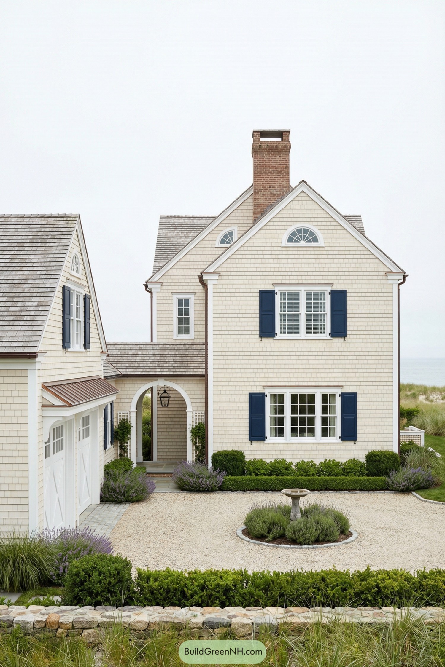 Cream shingle house with blue shutters and breezeway-linked garage