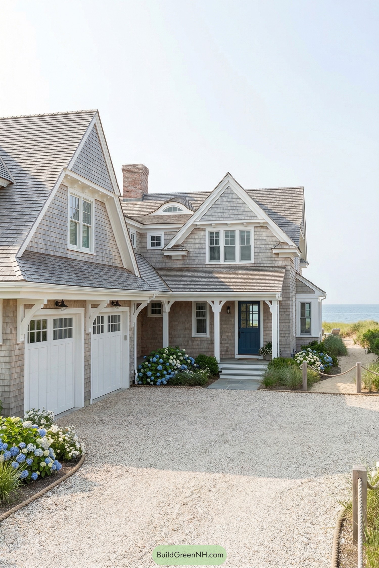 Coastal shingle home with attached breezeway garage and hydrangea-lined gravel drive