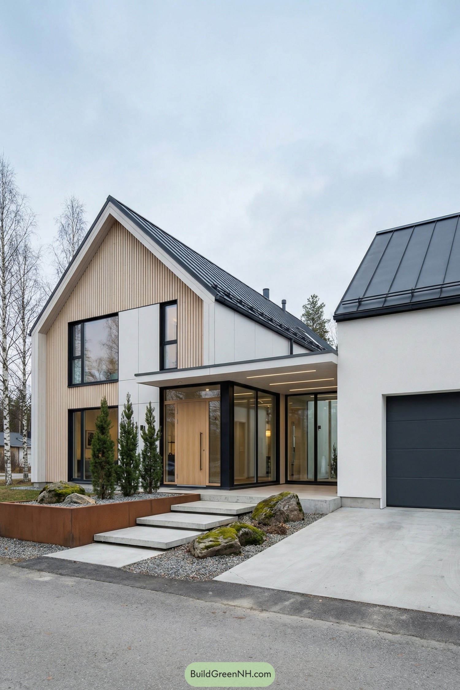 Modern gabled house with glass breezeway and attached garage