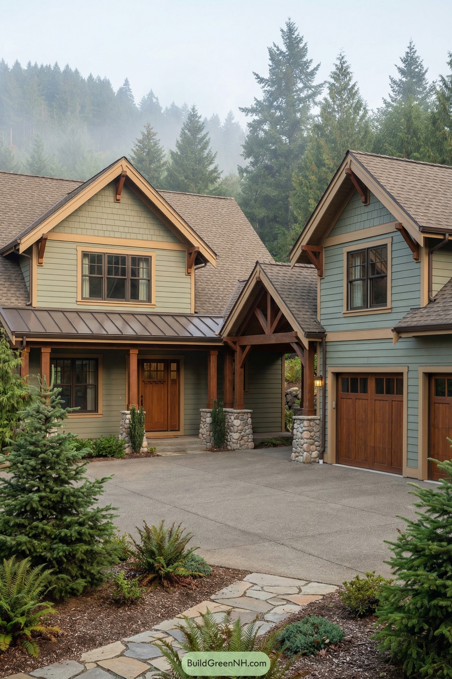 Green craftsman style house with timber breezeway connecting to matching garage