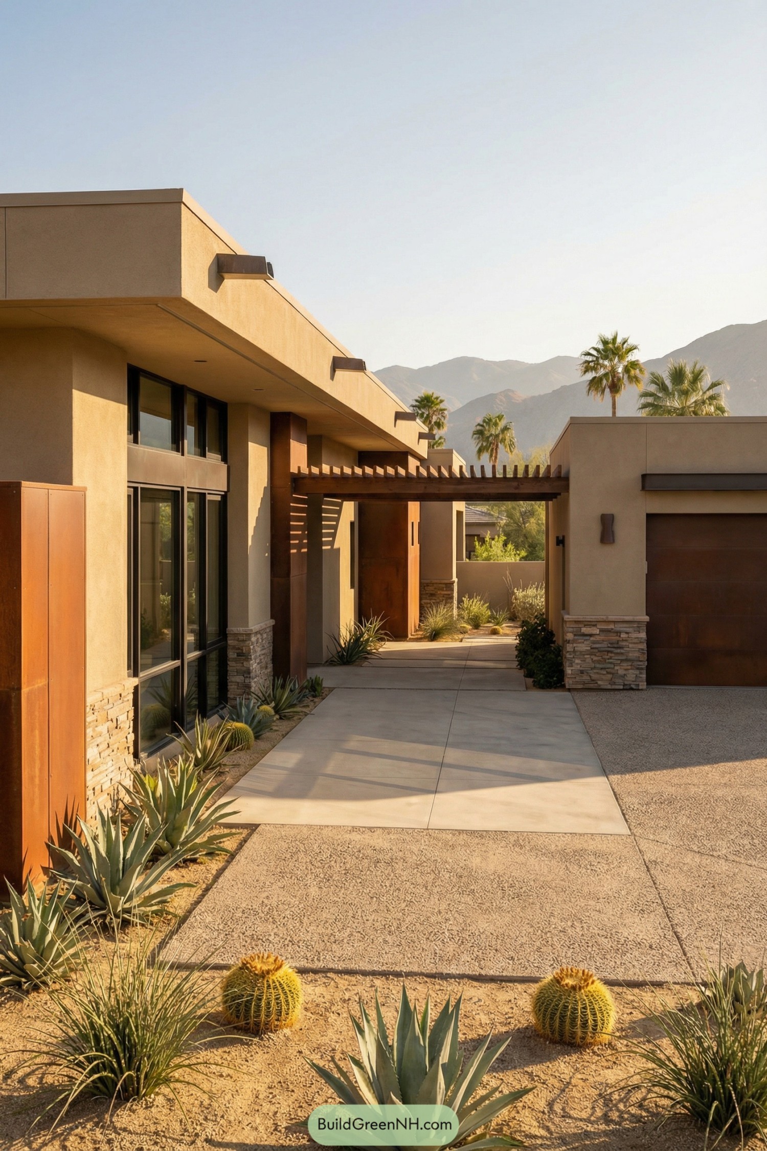 Modern desert home with flat roofs pergola breezeway and xeriscape courtyard leading to garage