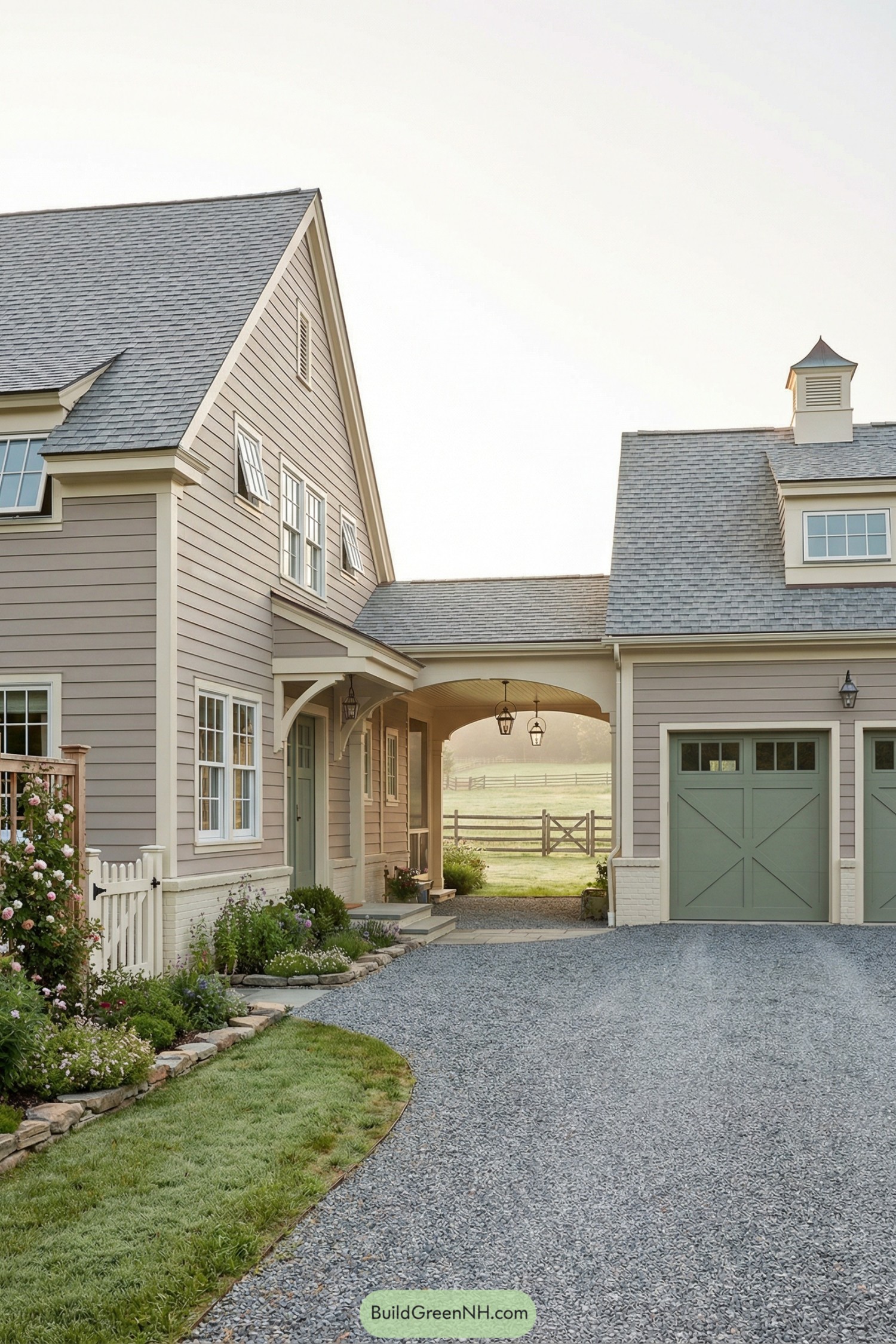 High-res exterior of a farmhouse-cottage facade with a main gable and a lower garage wing connected by a breezeway that doubles as a covered passage with a gently arched roofline; colors of soft taupe siding, creamy trim, and muted forest-green doors; L-shaped composition with a curved gravel drive approaching the courtyard; materials include horizontal clapboard, painted brick accents at the base, and beadboard ceilings under covered areas; roofing is medium-gray shingle with a small cupola on the garage ridge; windows are white-framed double-hung with cottage grids and a few awning windows under the eaves; a sage-green front door with a small square window and a pair of matching green garage doors with crossbuck detailing; outdoor structures include a small covered entry stoop, the arched breezeway with hanging lanterns, and a low picket gate near the side garden; landscaping features cottage perennials, climbing roses on a trellis panel, and stone-edged garden beds; surrounding environment includes a pastoral backdrop with split-rail fencing and open field beyond; setting is gentle morning light with dew-like sheen on grass and calm rural character, single real-life photo, high-resolution, architectural photography, soft lighting, cinematic composition, strictly no collages.