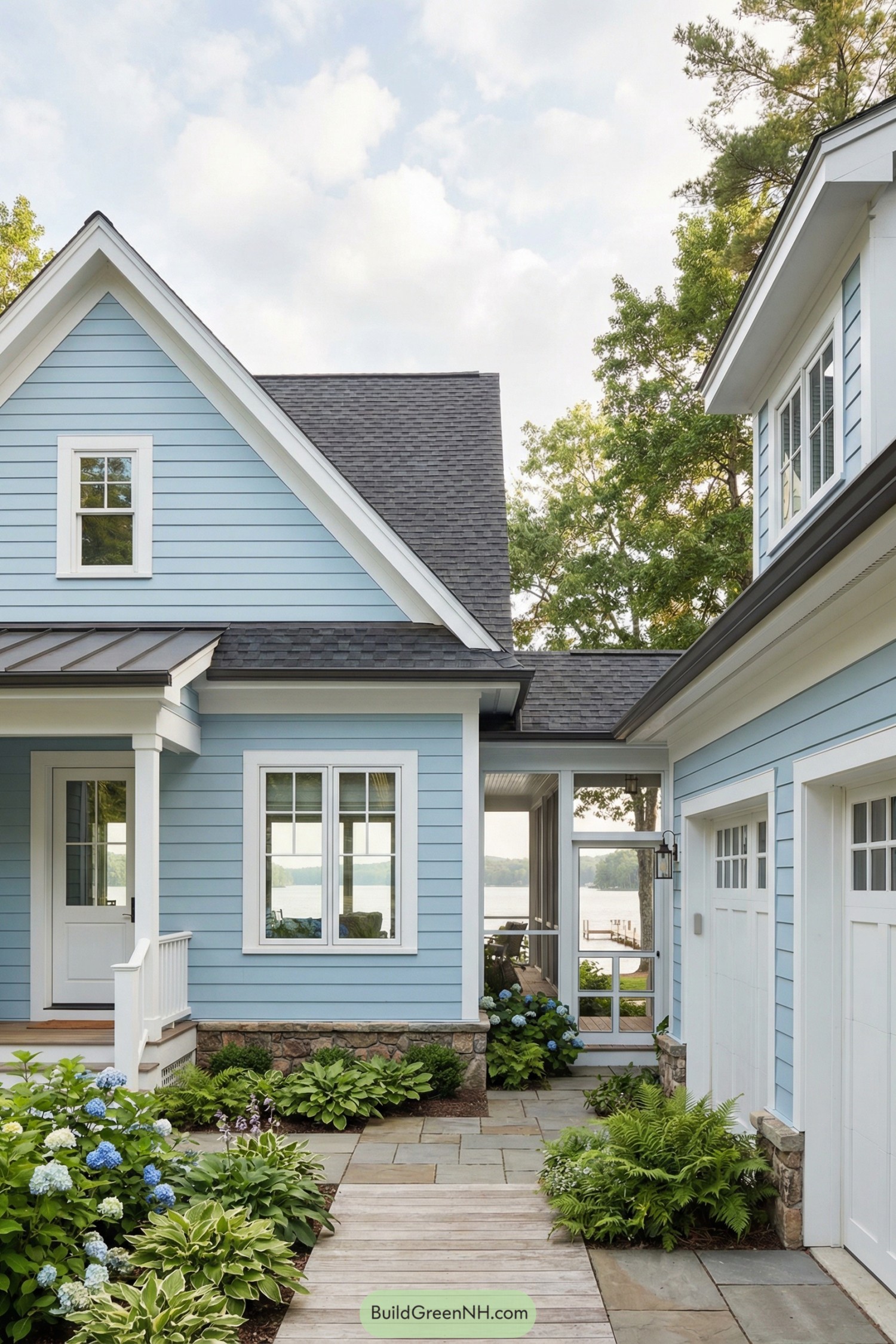 Light blue house and garage connected by a glass breezeway overlooking a lake with lush plantings and stone walkway