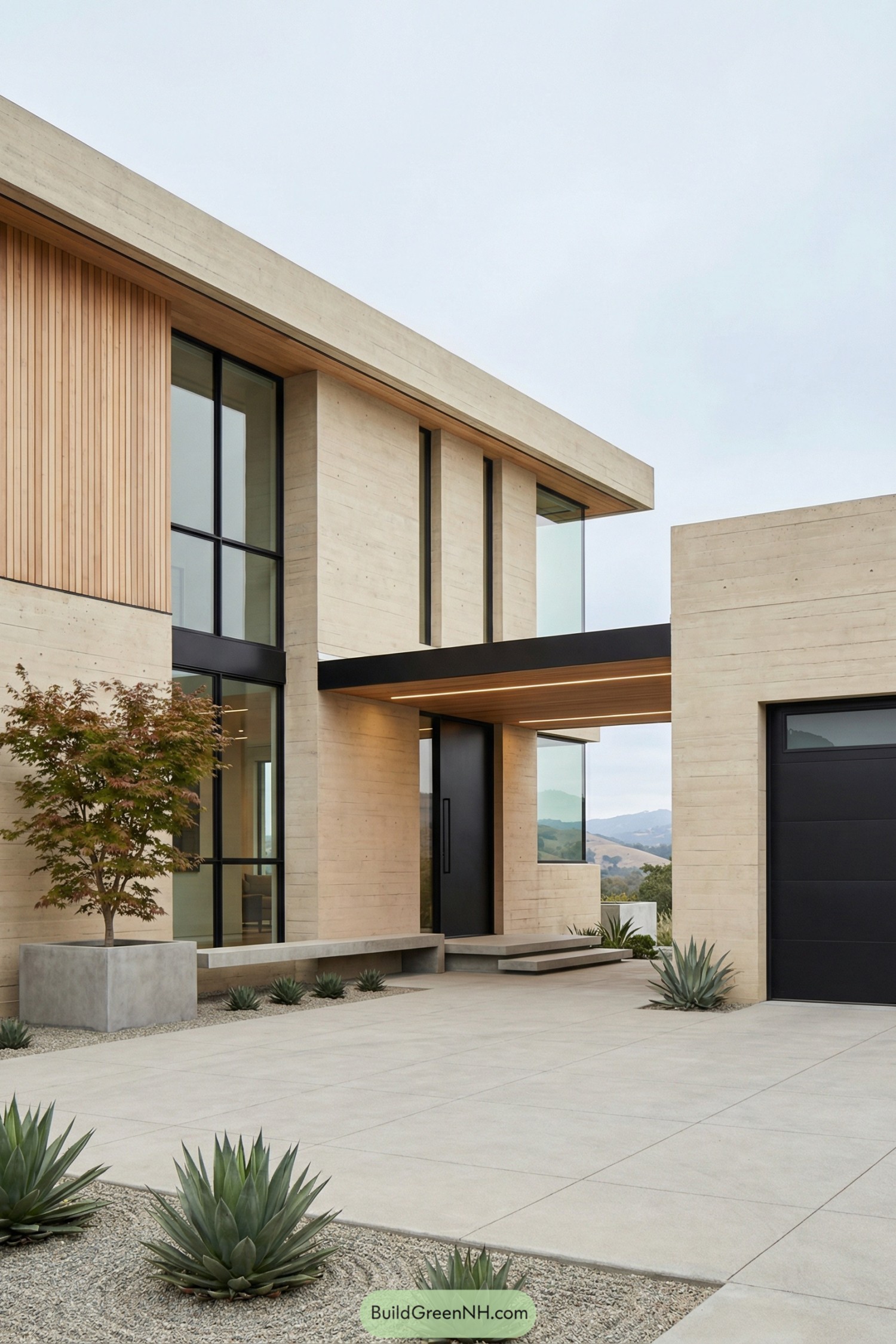 Modern concrete and glass home with flat roof and covered breezeway linking house to garage