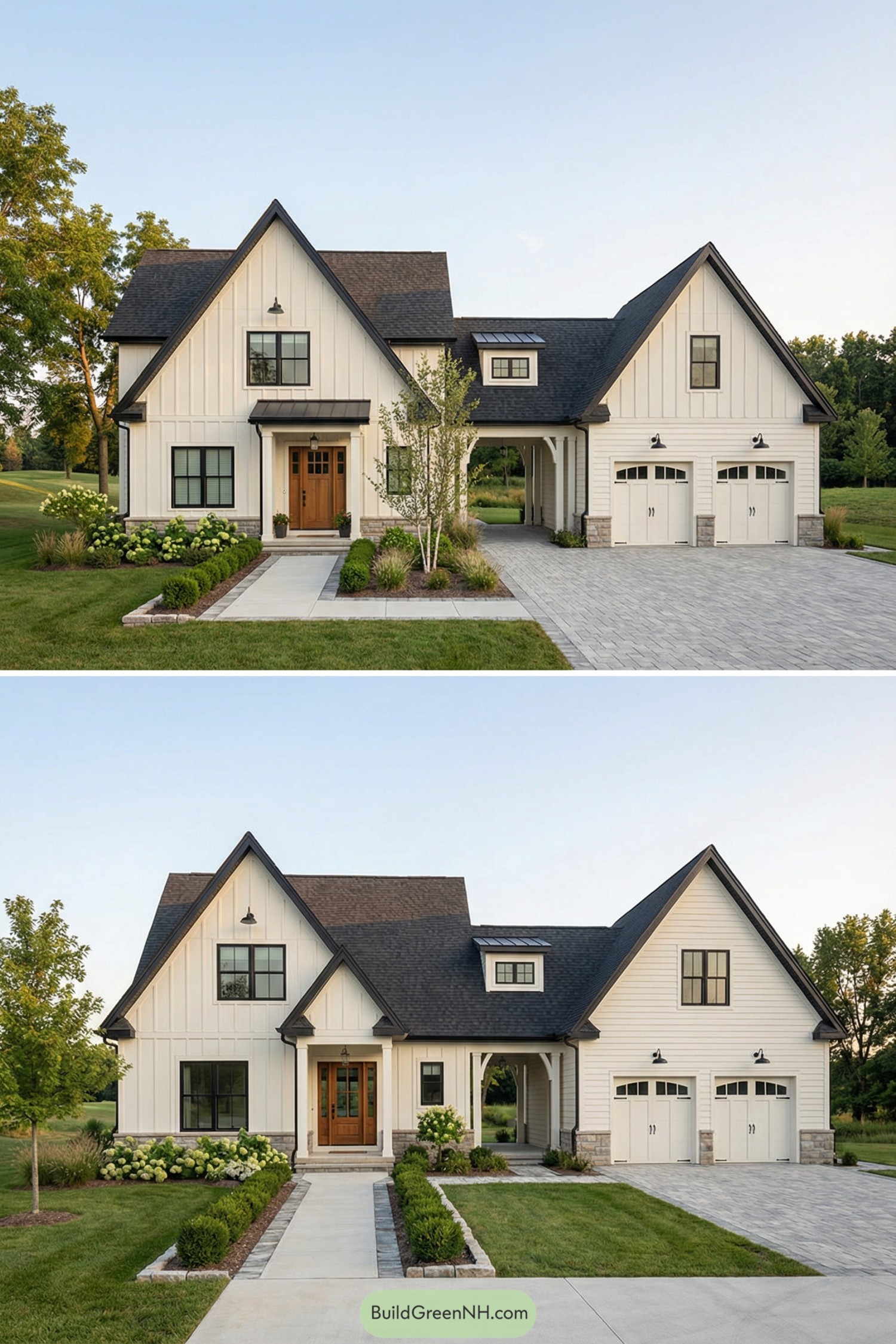 White farmhouse with breezeway and double garage