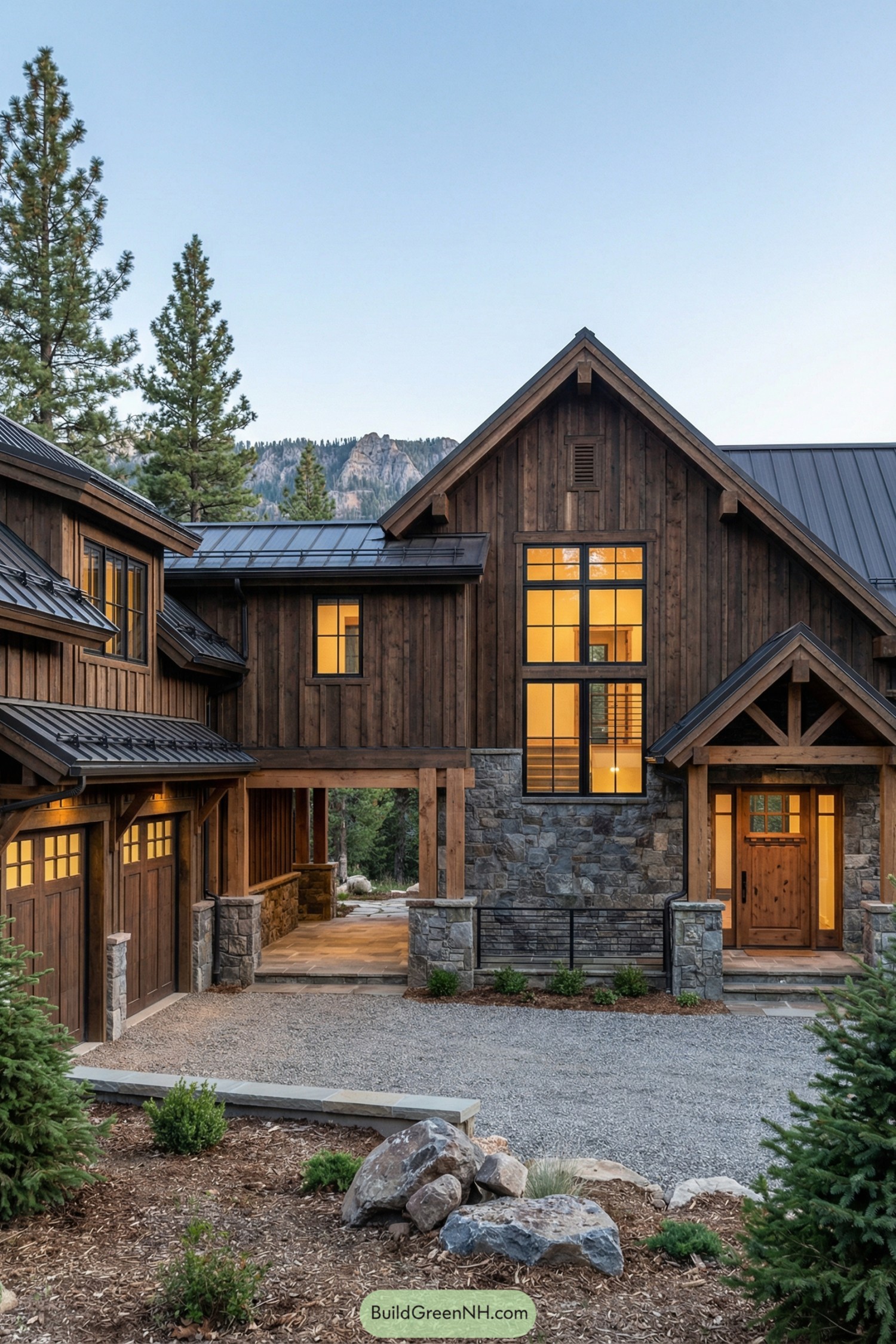 Timber and stone mountain house with breezeway-linked garage