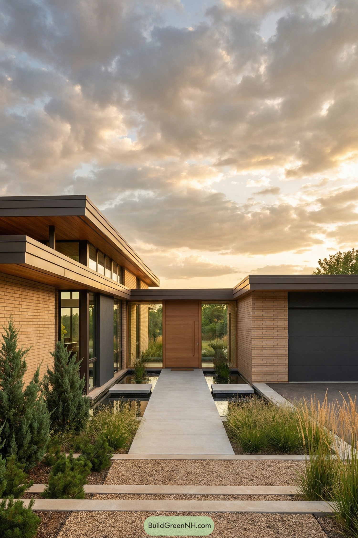 Modern low-profile home with brick, glass, and a breezeway spanning reflecting pools