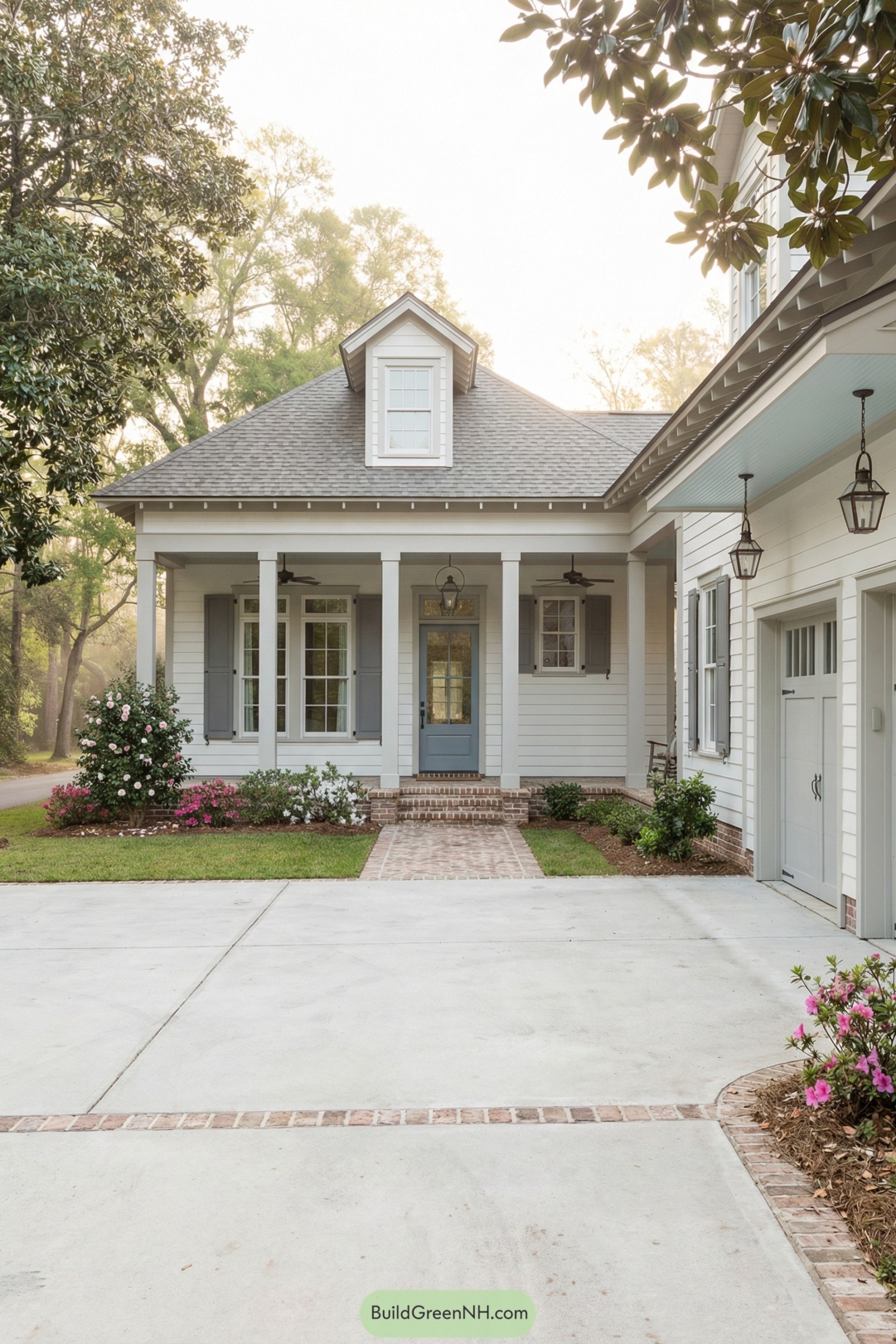 Light gray cottage-style home with front porch, breezeway to garage, and brick-accented driveway