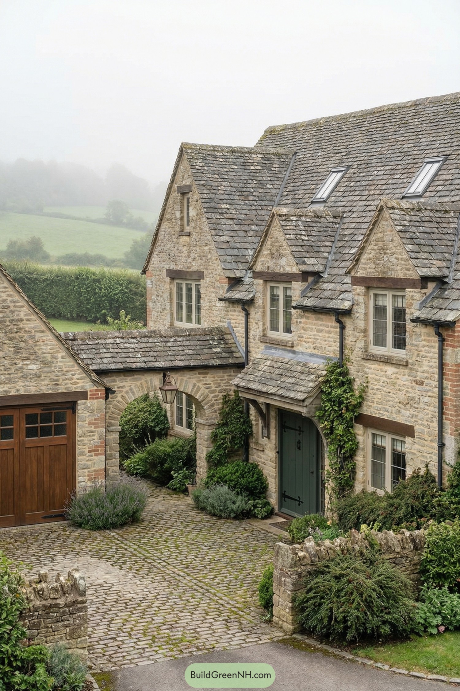 Stone cottage with pitched slate roofs and arched breezeway linking house and garage. Cobblestone courtyard with climbing vines, shrubs, and wood doors in a misty countryside setting