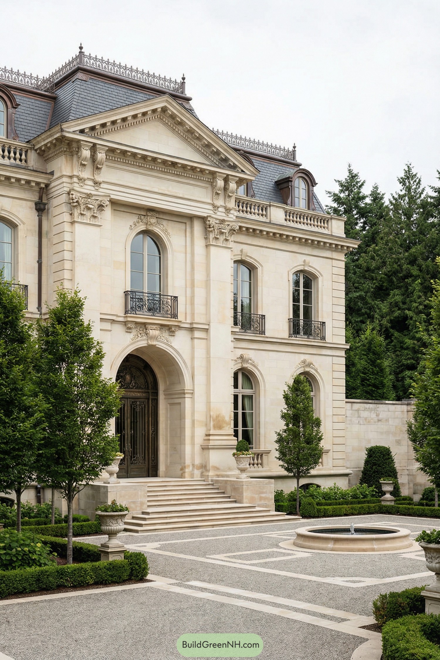 Stone chateau with grand steps and fountain courtyard