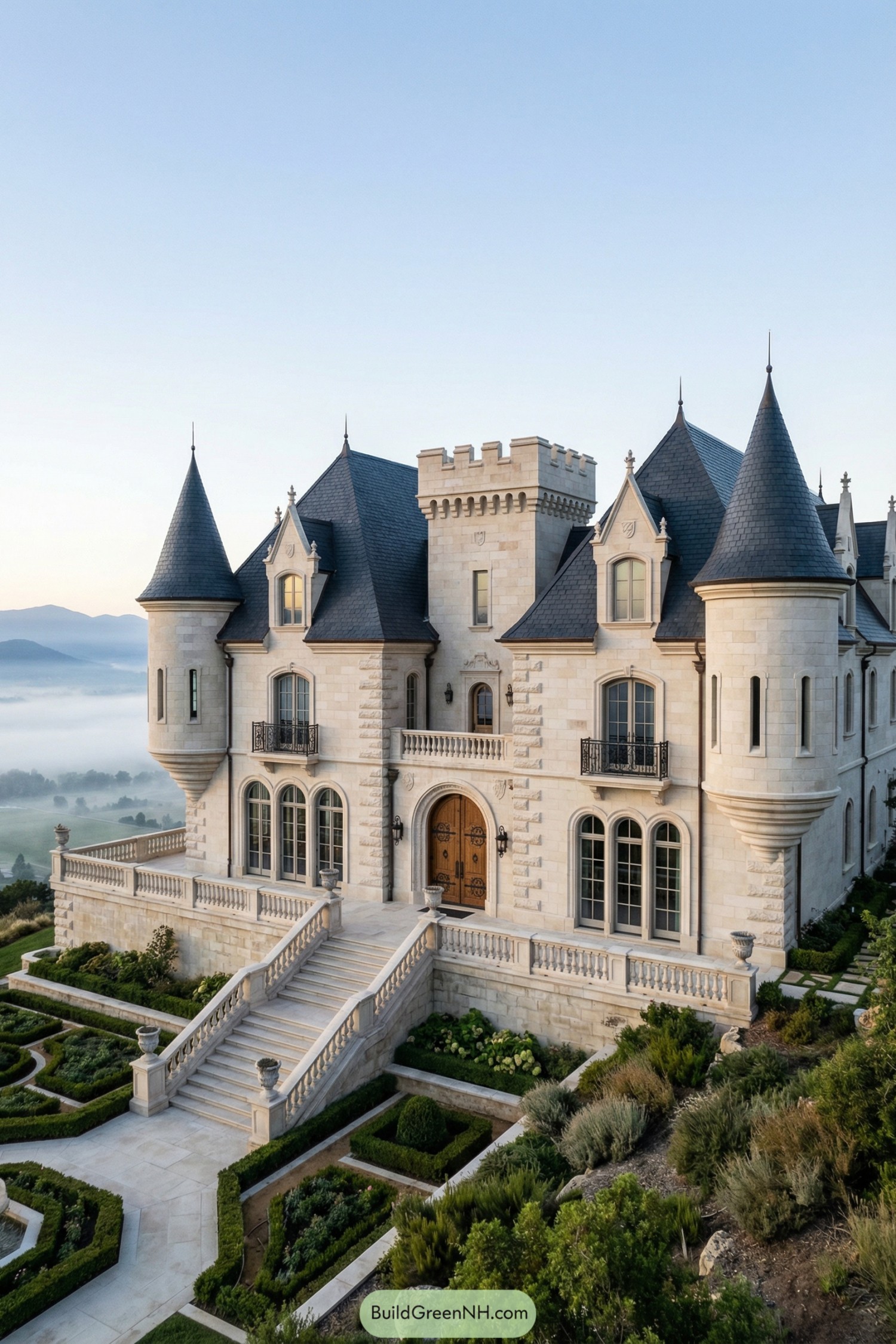 Grand limestone chateau with turrets and formal terraced gardens on a misty hillside