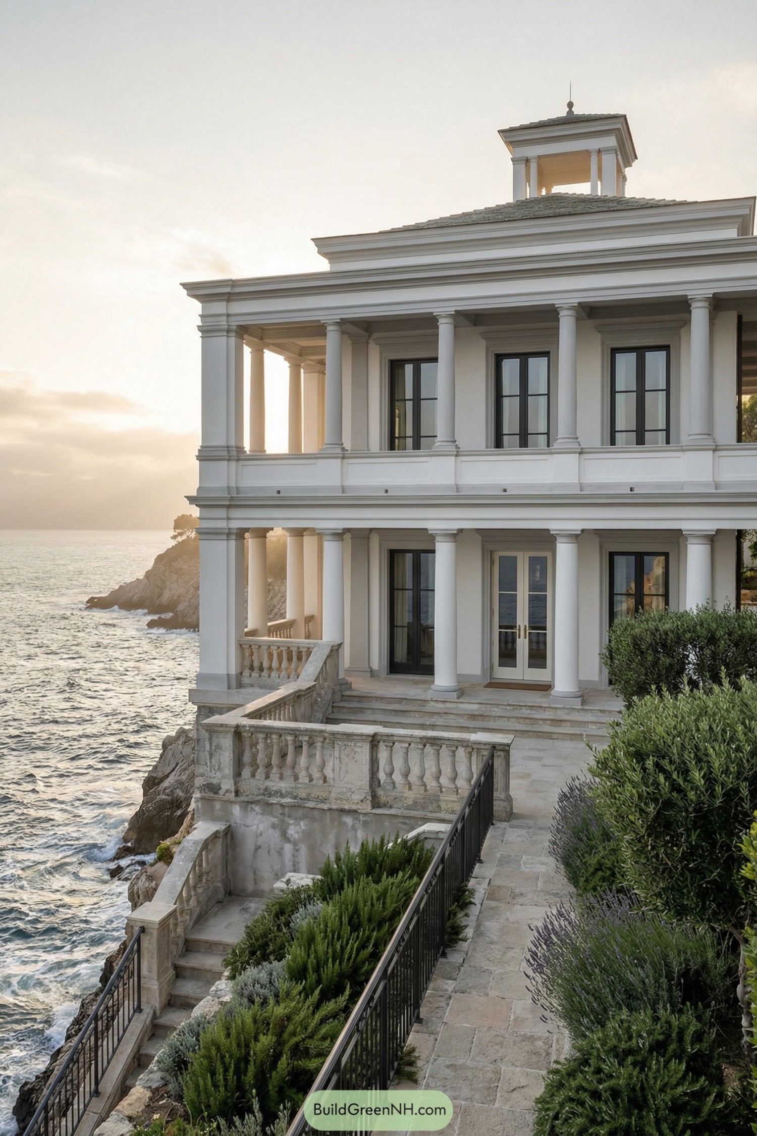 White two story classical villa with tall columns perched on a rocky coastline above the sea at sunset