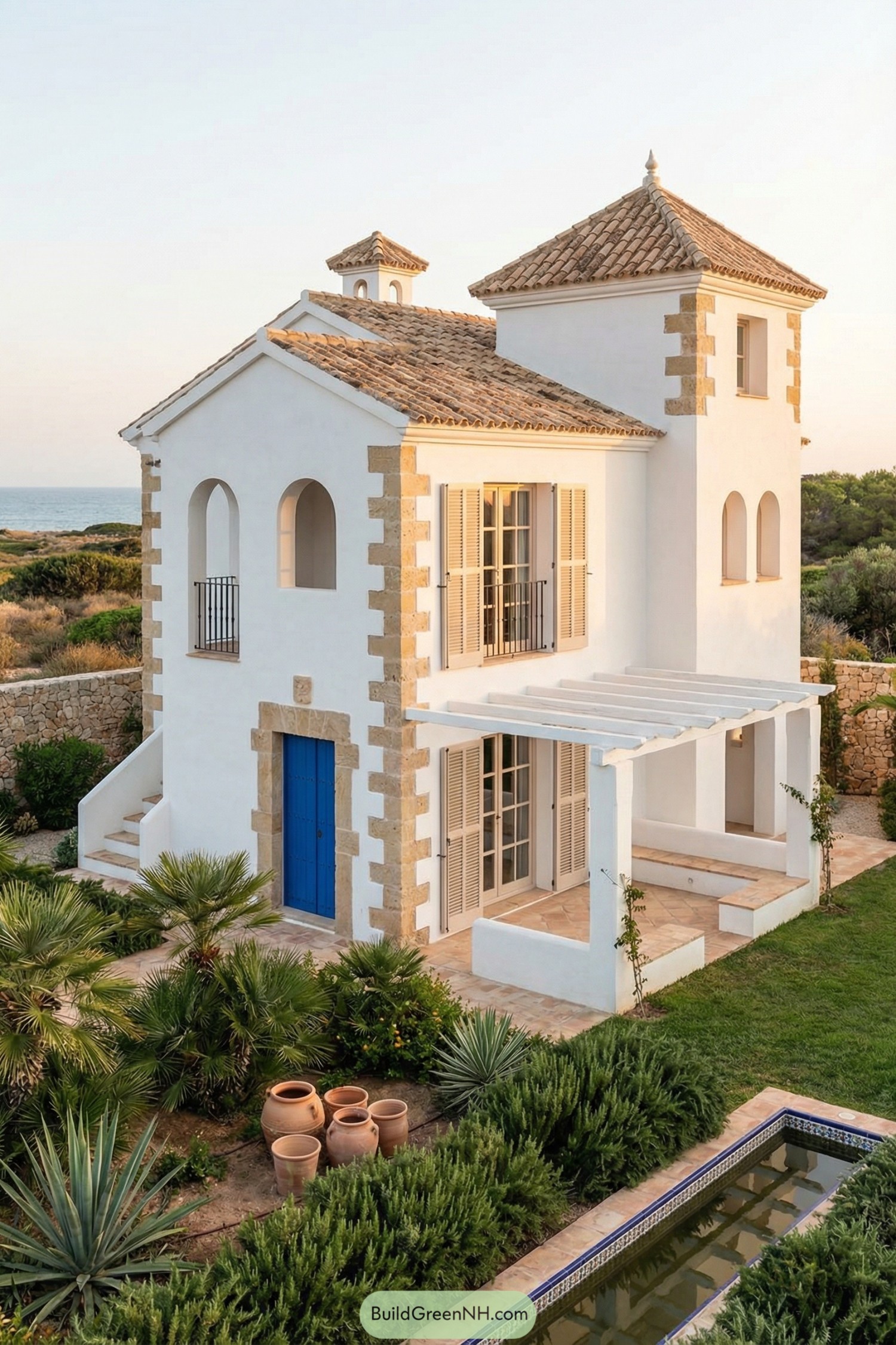 White coastal villa with tiled roofs and lush Mediterranean garden