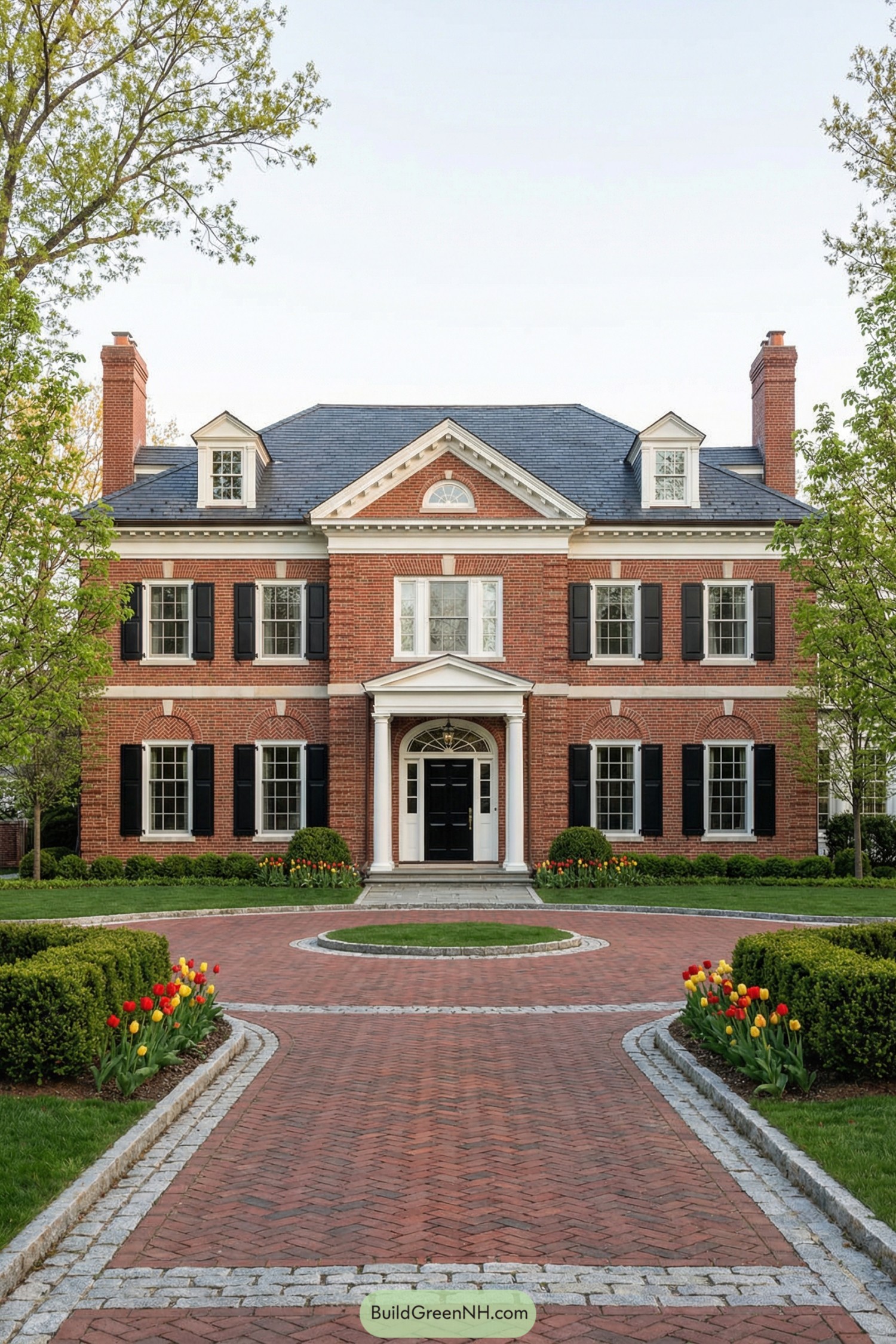 Red brick mansion with black shutters, white portico, and circular brick drive framed by tulips