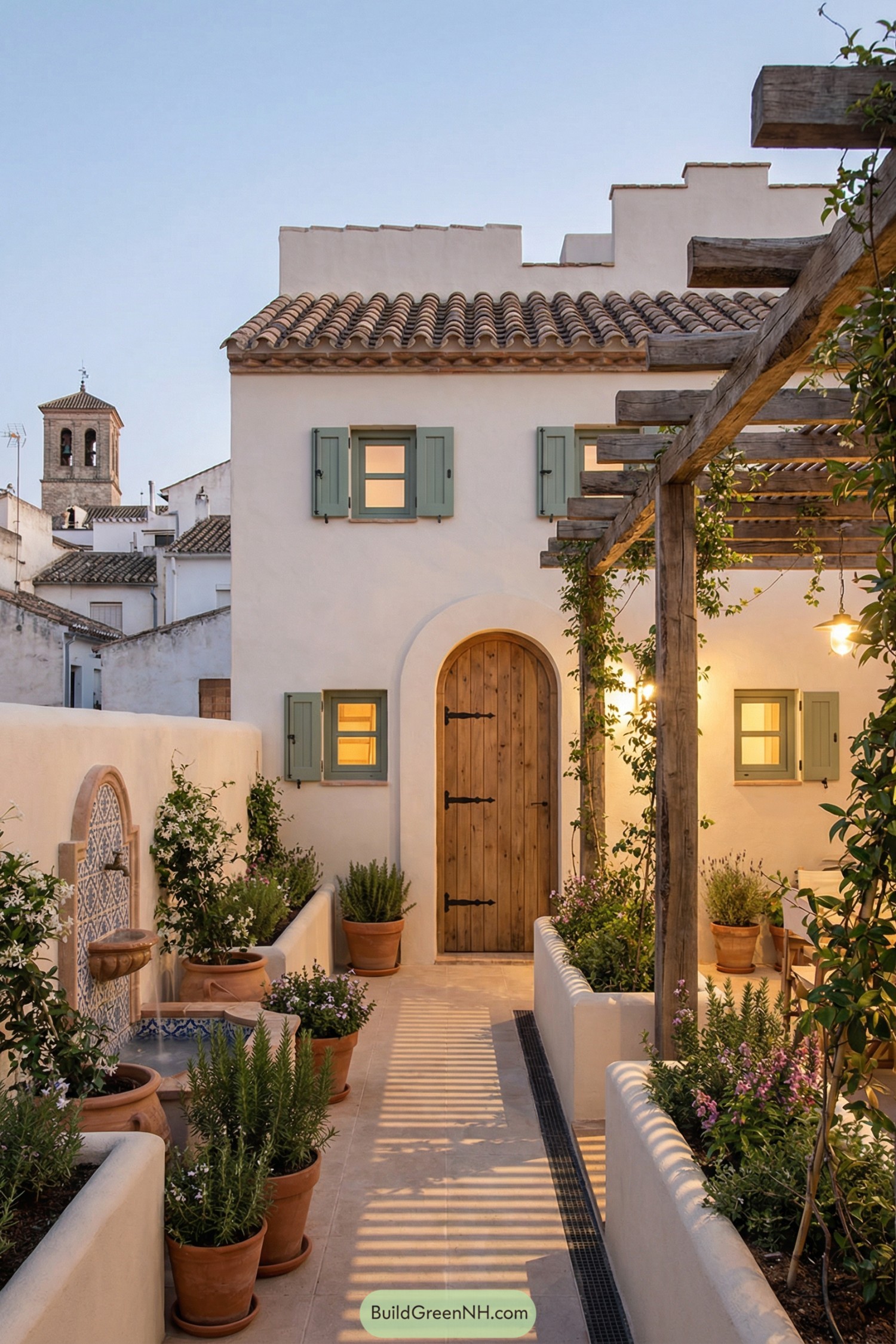 Narrow Spanish courtyard with potted plants, tiled fountain, and pergola leading to a wooden arched door