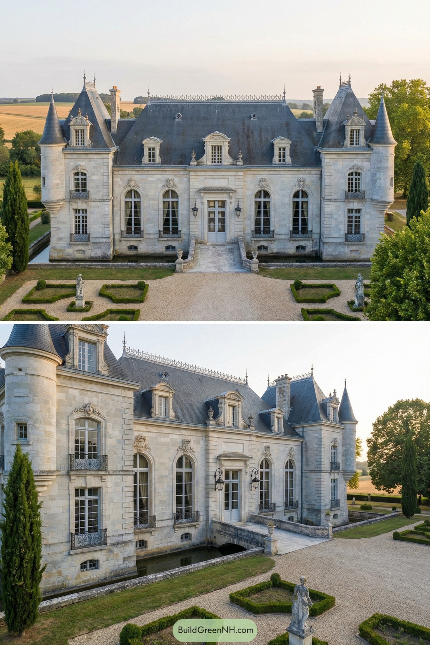 Elegant stone chateau with tall slate roof, corner turrets, and manicured parterre gardens