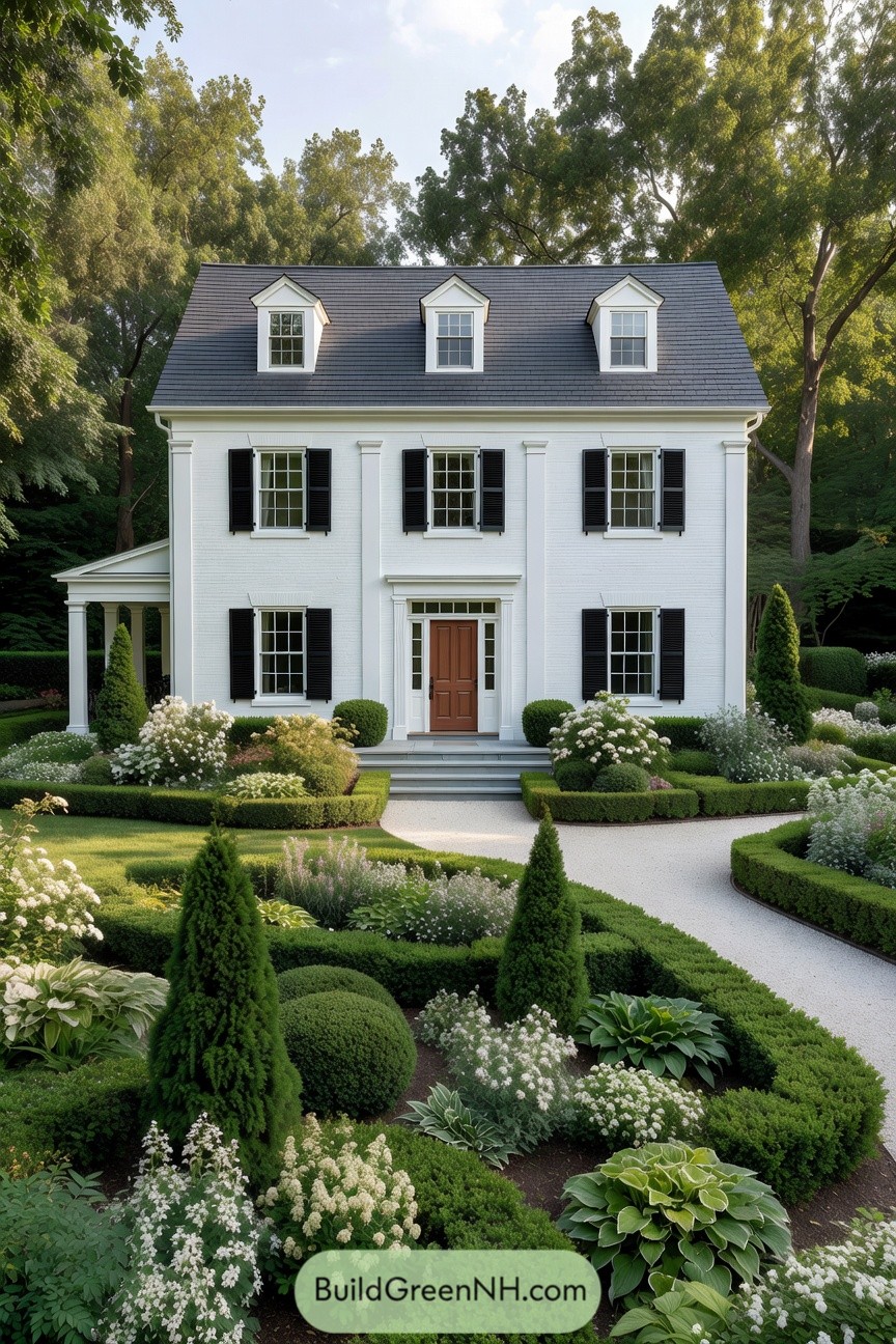 White brick colonial house with black shutters and sculpted boxwood gardens along a curving gravel path