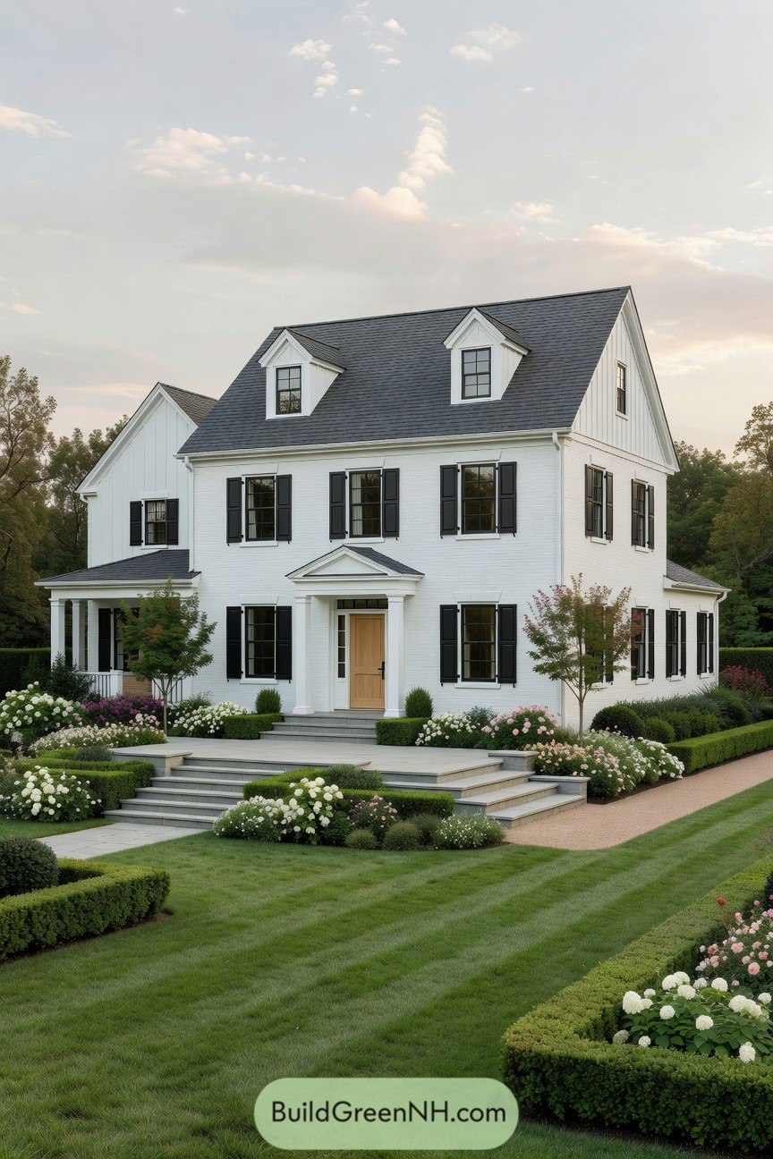 White brick colonial-style home with black shutters, tiered stone steps, and manicured flower gardens