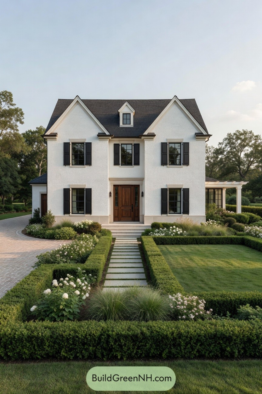 White brick colonial style home with black shutters and formal boxwood garden leading to a wood front door