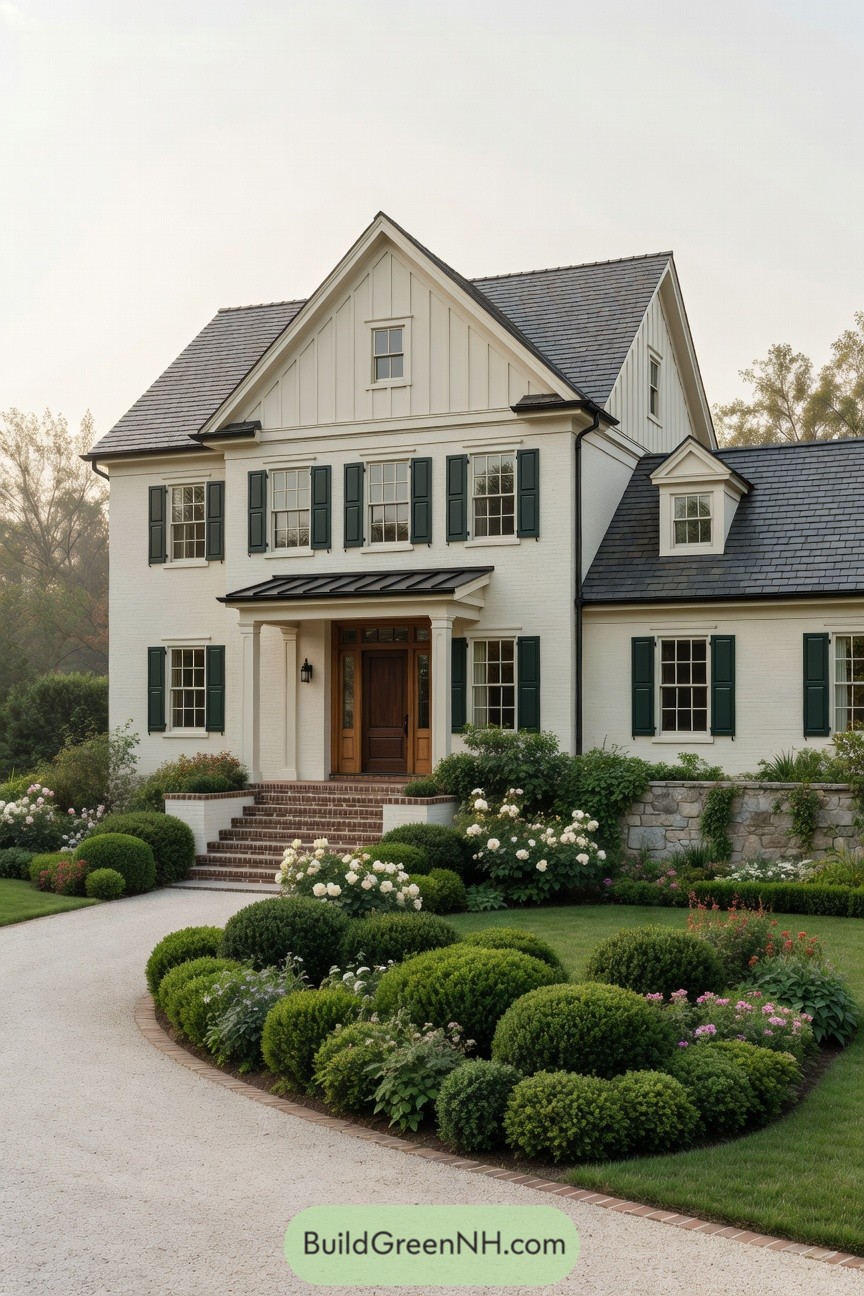 Elegant cream colonial home with green shutters and lush landscaped front yard
