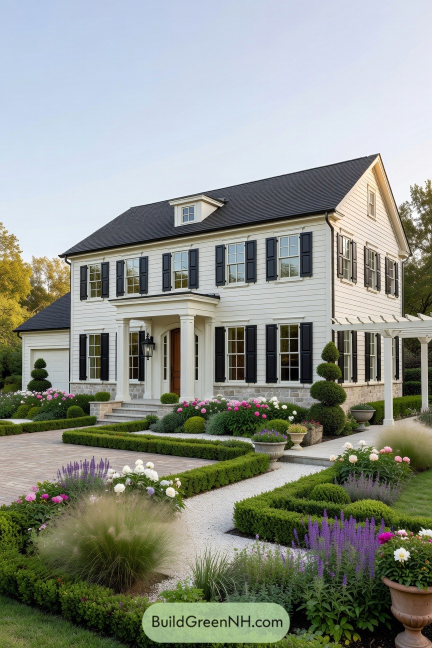 White colonial-style house with black shutters and manicured flower garden