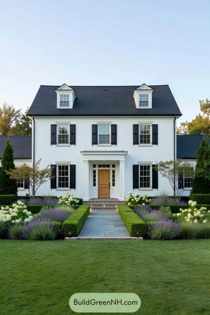 White brick colonial home with black shutters and formal landscaped walkway