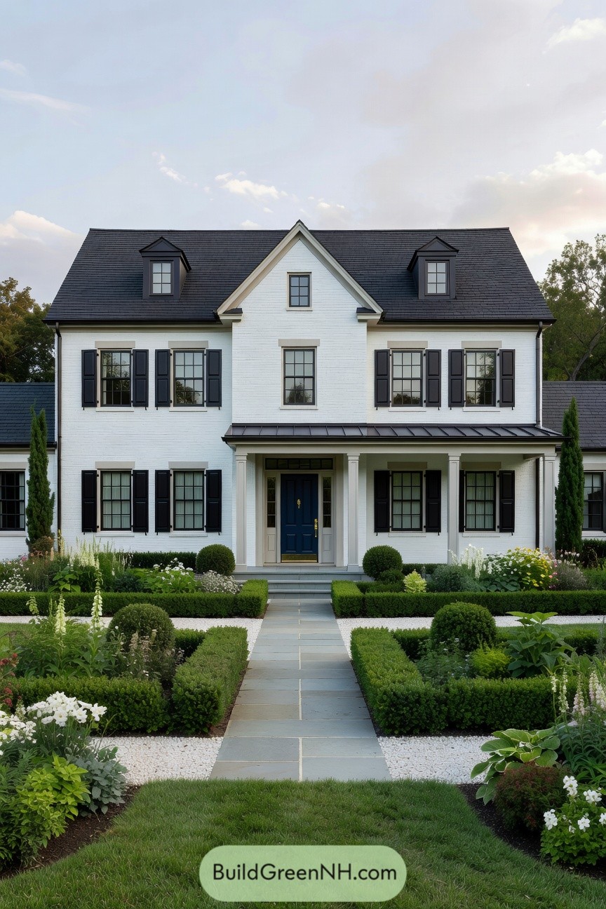 White brick colonial house with dark roof, black shutters, and formal boxwood garden