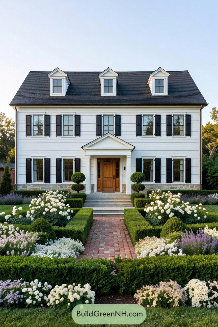 White colonial home with black shutters and formal boxwood garden