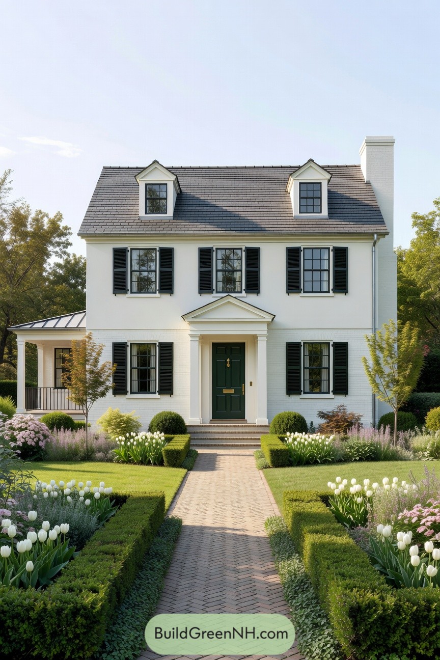 Creamy white brick walls, black shutters, and a dark gray roof colonial house with a manicured front garden and brick walkway
