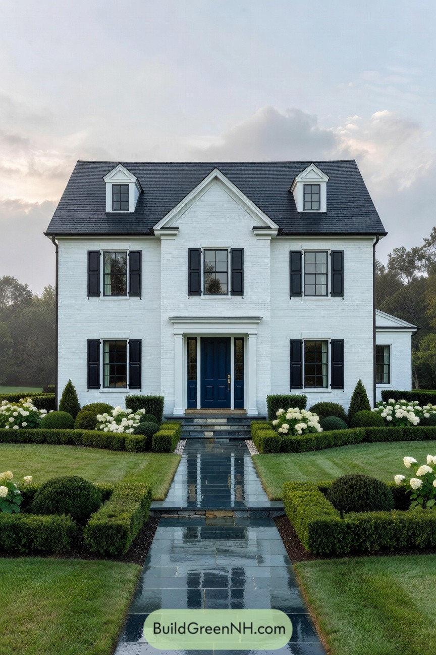 White brick colonial home with dark roof, blue door, black shutters, and manicured front garden