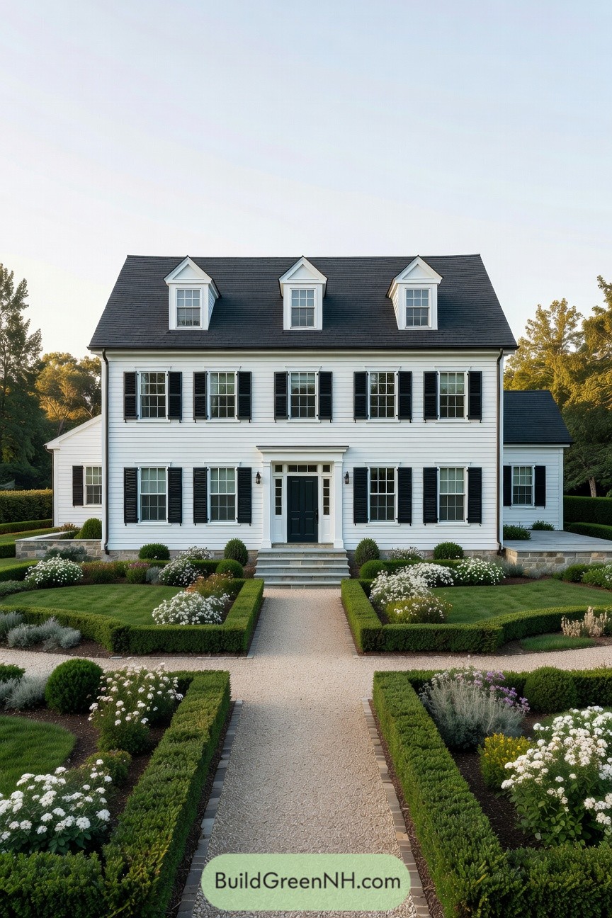White colonial house with black shutters and a formal boxwood garden