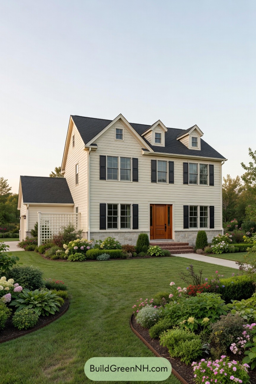 Cream clapboard colonial with black shutters and lush front garden beds