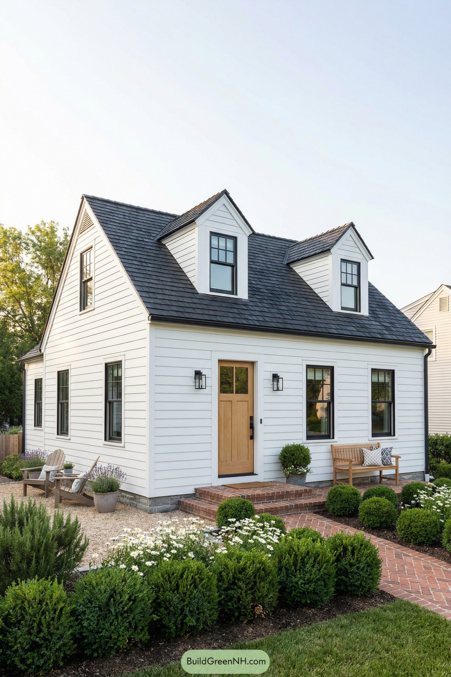 White cottage style house with dormers