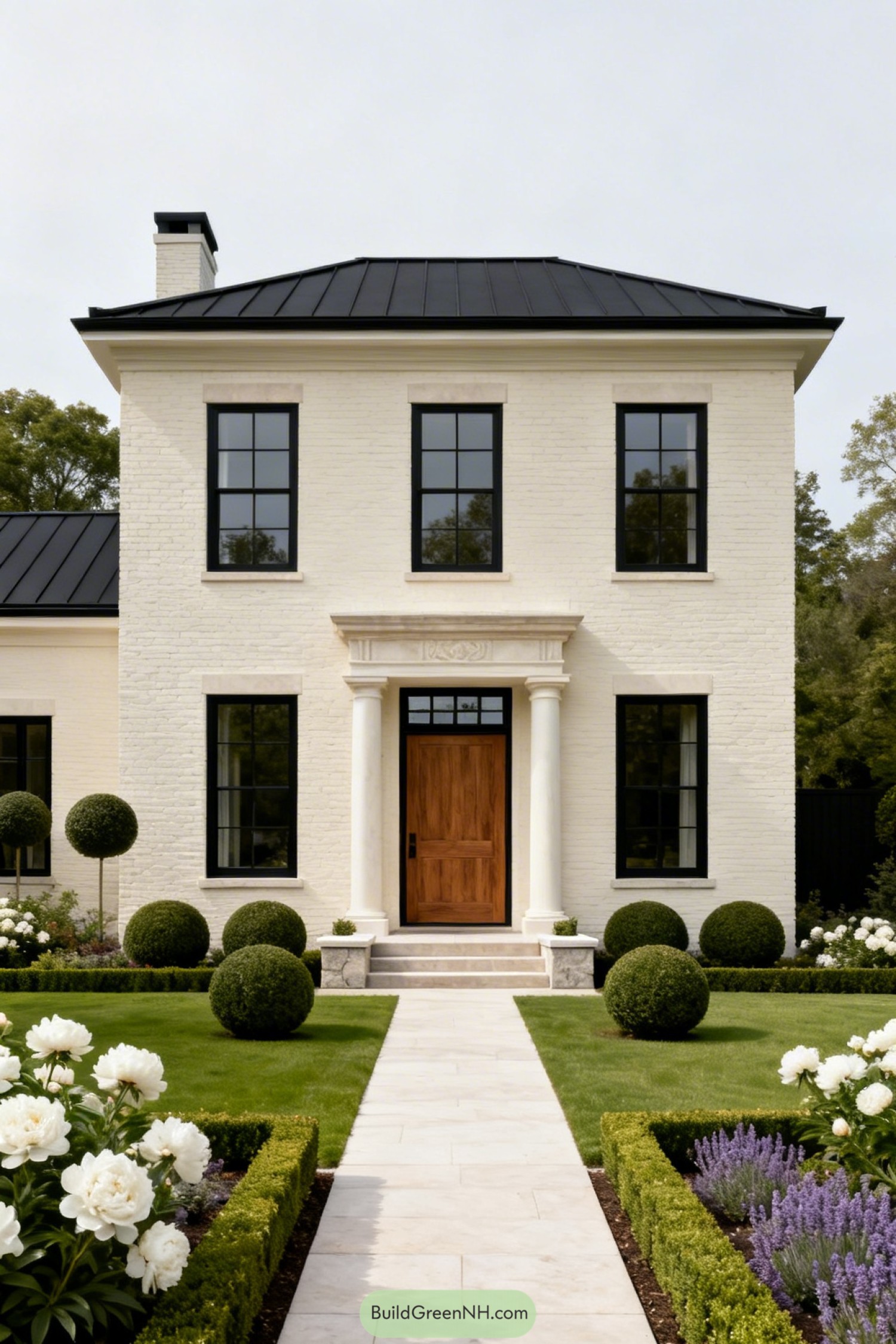 Cream brick house with black roof and manicured formal garden