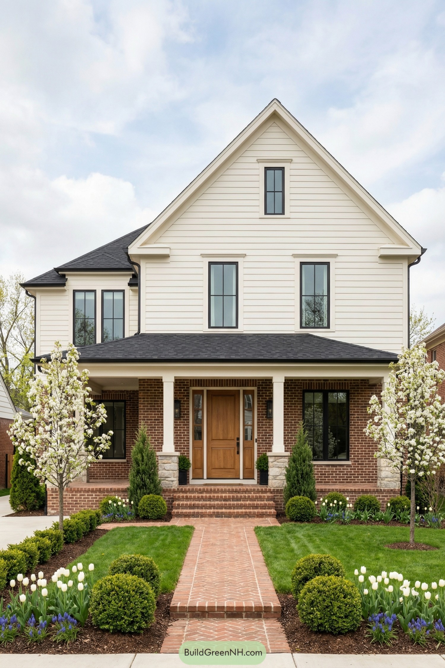 Two story house with cream siding gable, brick lower level, and landscaped front walk with tulips. Covered front porch with wood door and black framed windows