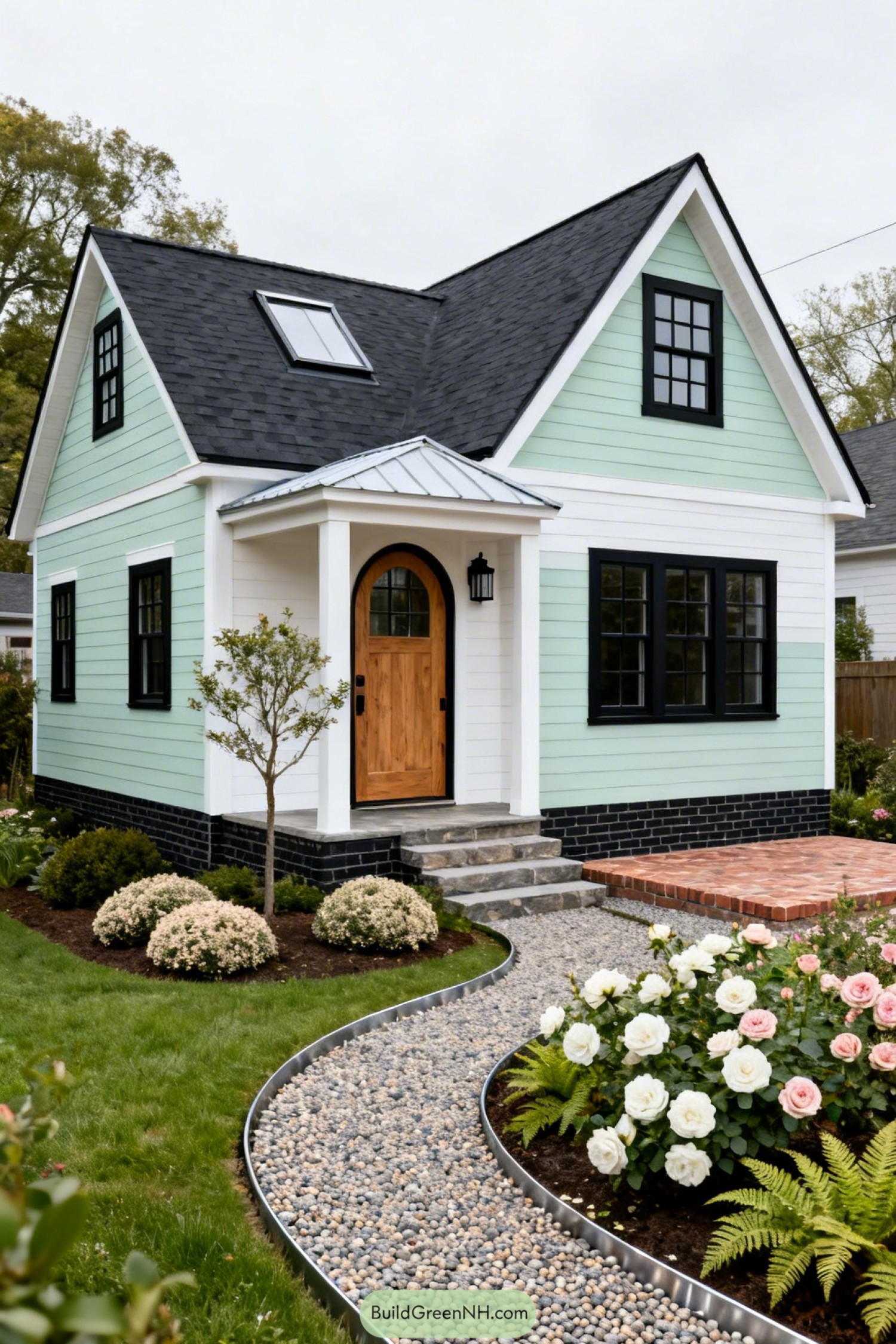 Mint green gable cottage with curved pebble path and arched wood front door